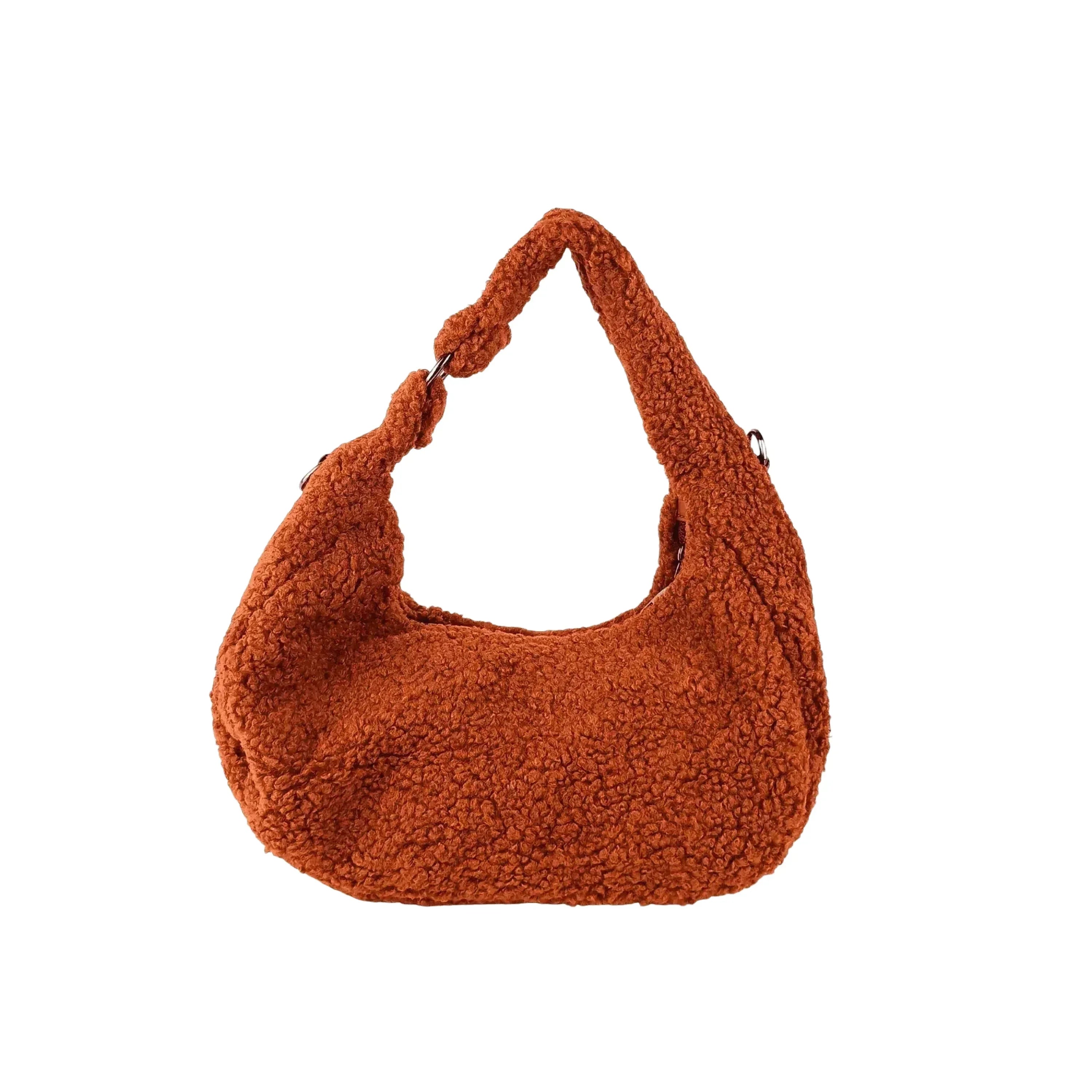 Borsa Hobo In Finta Pelle Di Pecora Ruggine Colore Morbido Per Quotidiano Con Chiusura Cerniera E Manico