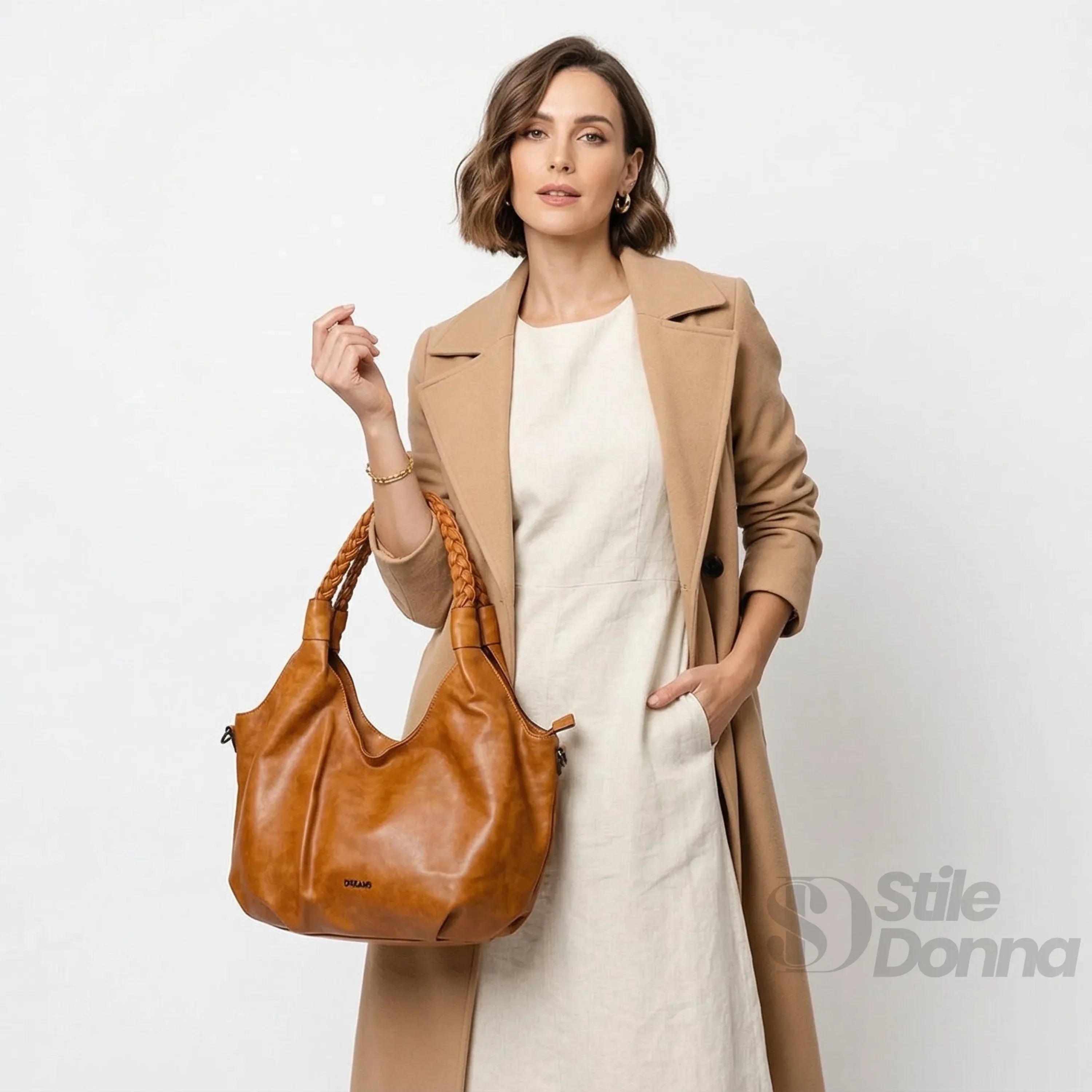 Borsa Hobo Shopping Bag Ecopelle Cuoio Con Fodera Interna In Tessuto Di Alta Qualità