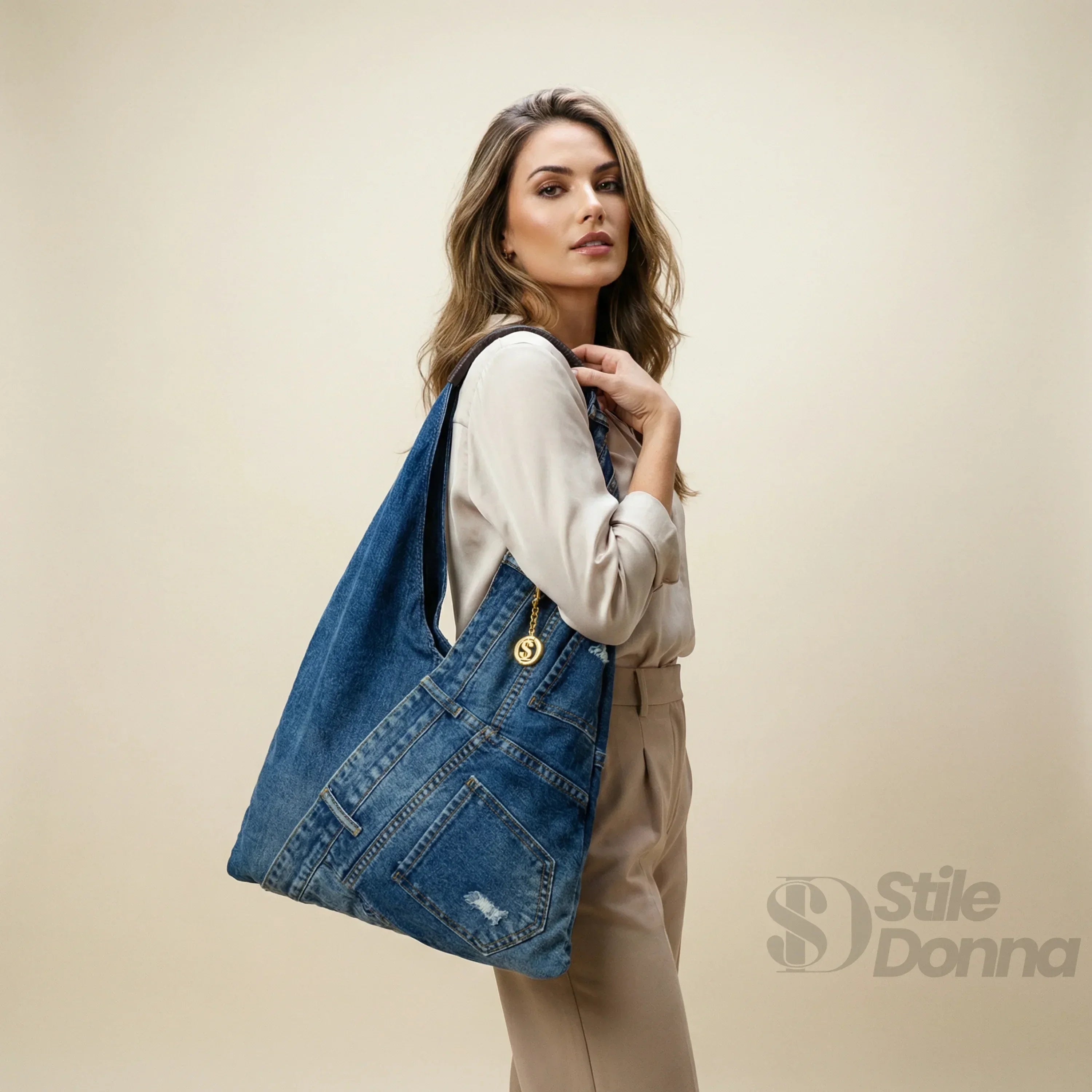 Borsa Hobo Tote In Denim Con Stampa Grafica Dettagli In Metallo Oro Tracolla Regolabile E Manico