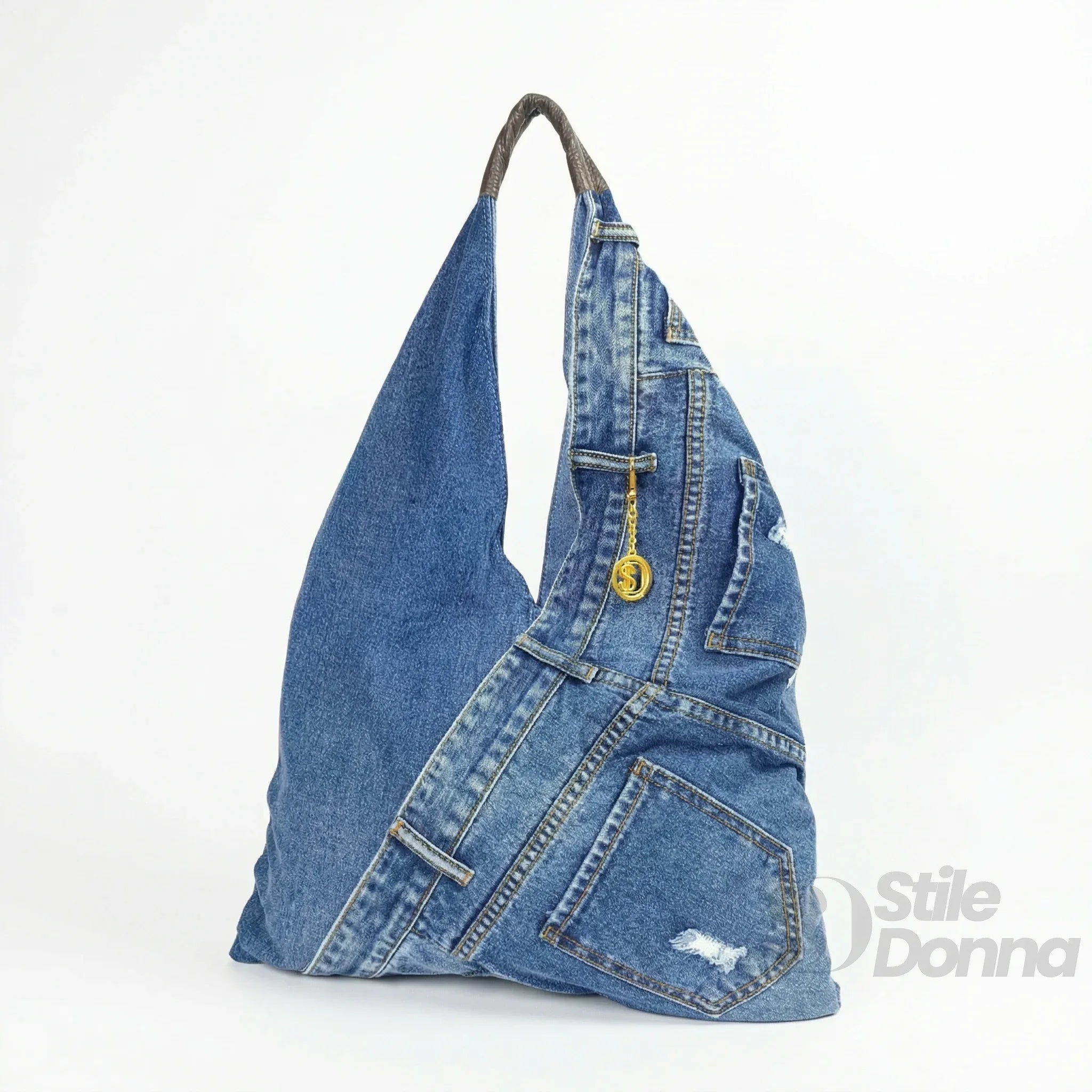 Borsa Hobo Tote In Denim Con Stampa Grafica Dettagli In Metallo Oro Tracolla Regolabile E Manico