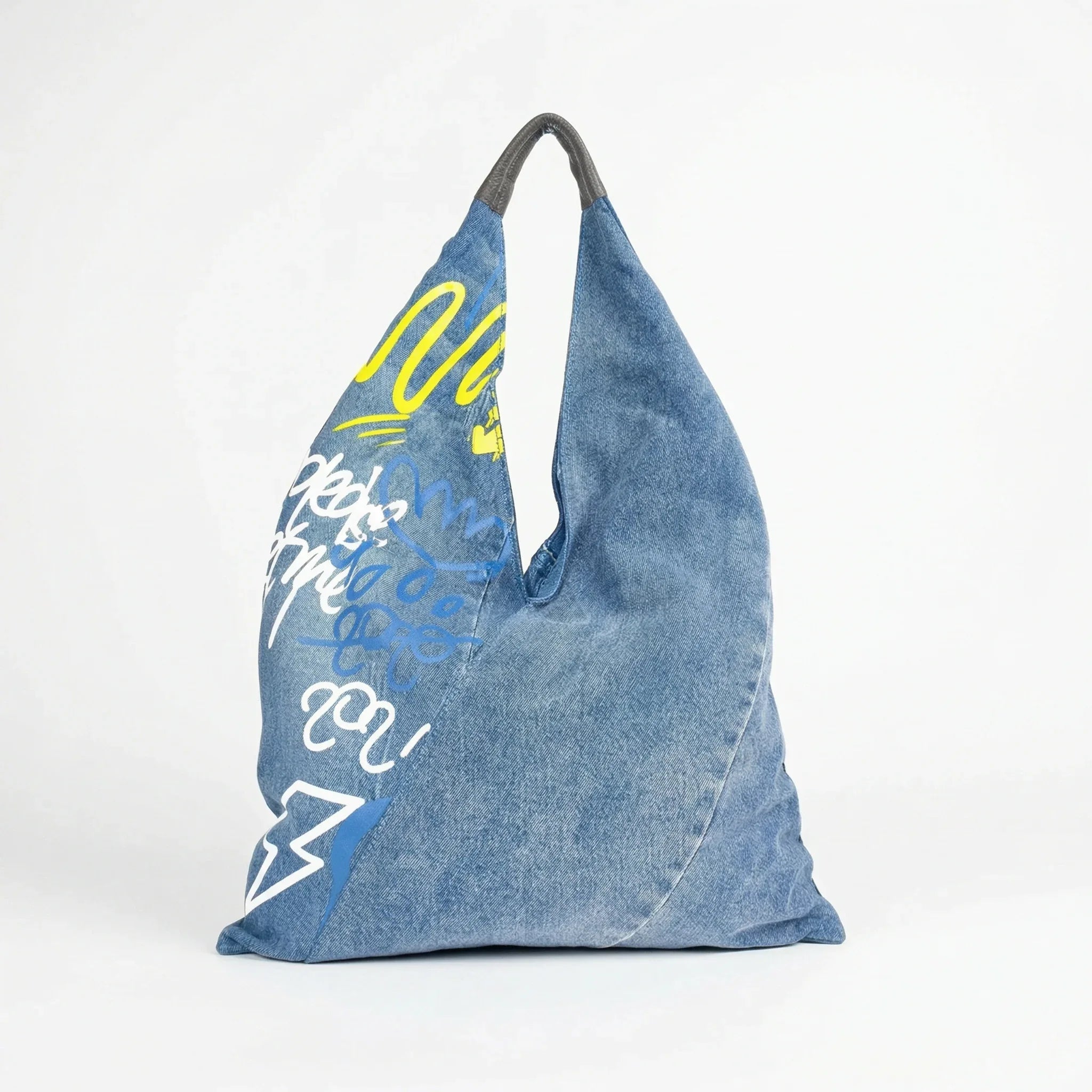 Borsa Hobo Tote In Denim Con Stampa Grafica Dettagli In Metallo Oro Tracolla Regolabile E Manico