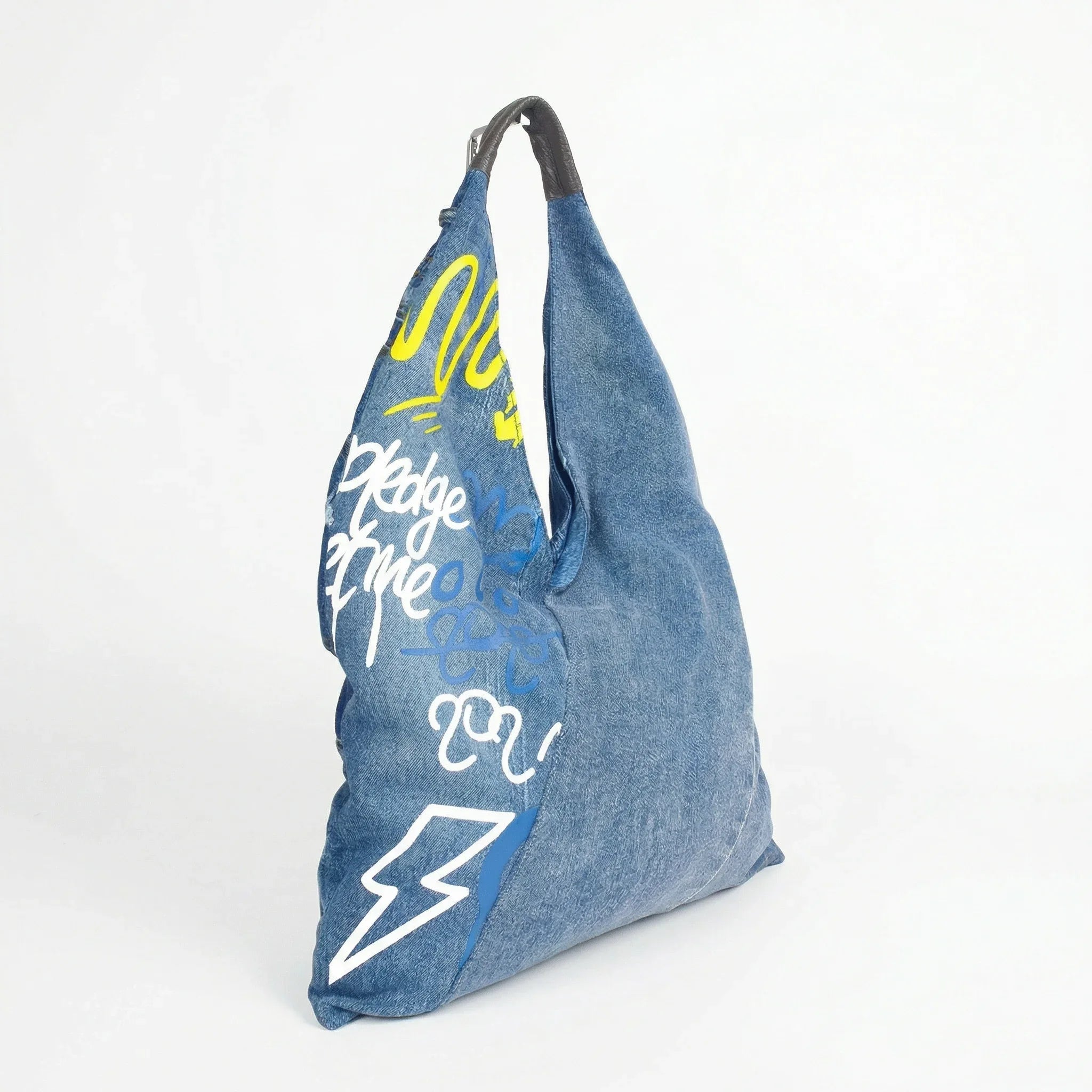 Borsa Hobo Tote In Denim Con Stampa Grafica Dettagli In Metallo Oro Tracolla Regolabile E Manico