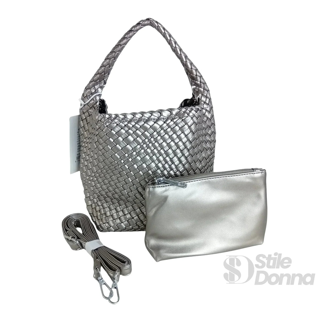 Borsa In Ecopelle Intrecciata Con Chiusura A Cerniera E Tracolla Regolabile Per Giorno Uso Quotidiano