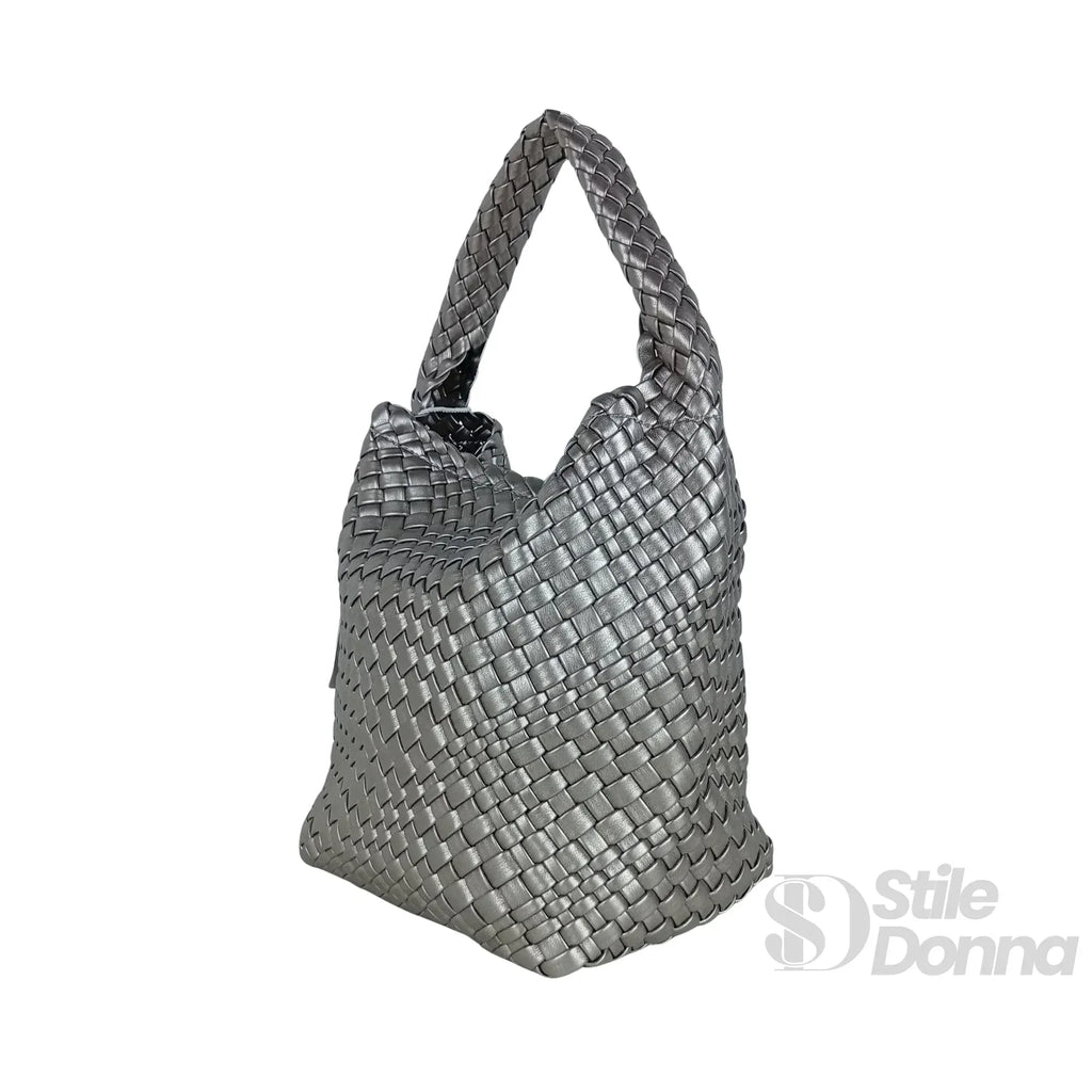 Borsa In Ecopelle Intrecciata Con Chiusura A Cerniera E Tracolla Regolabile Per Giorno Uso Quotidiano