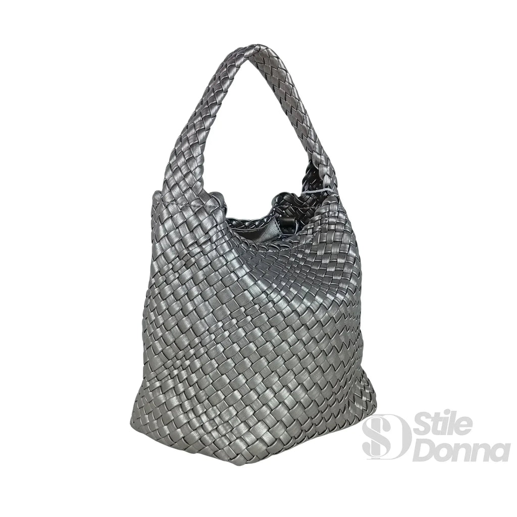 Borsa In Ecopelle Intrecciata Con Chiusura A Cerniera E Tracolla Regolabile Per Giorno Uso Quotidiano