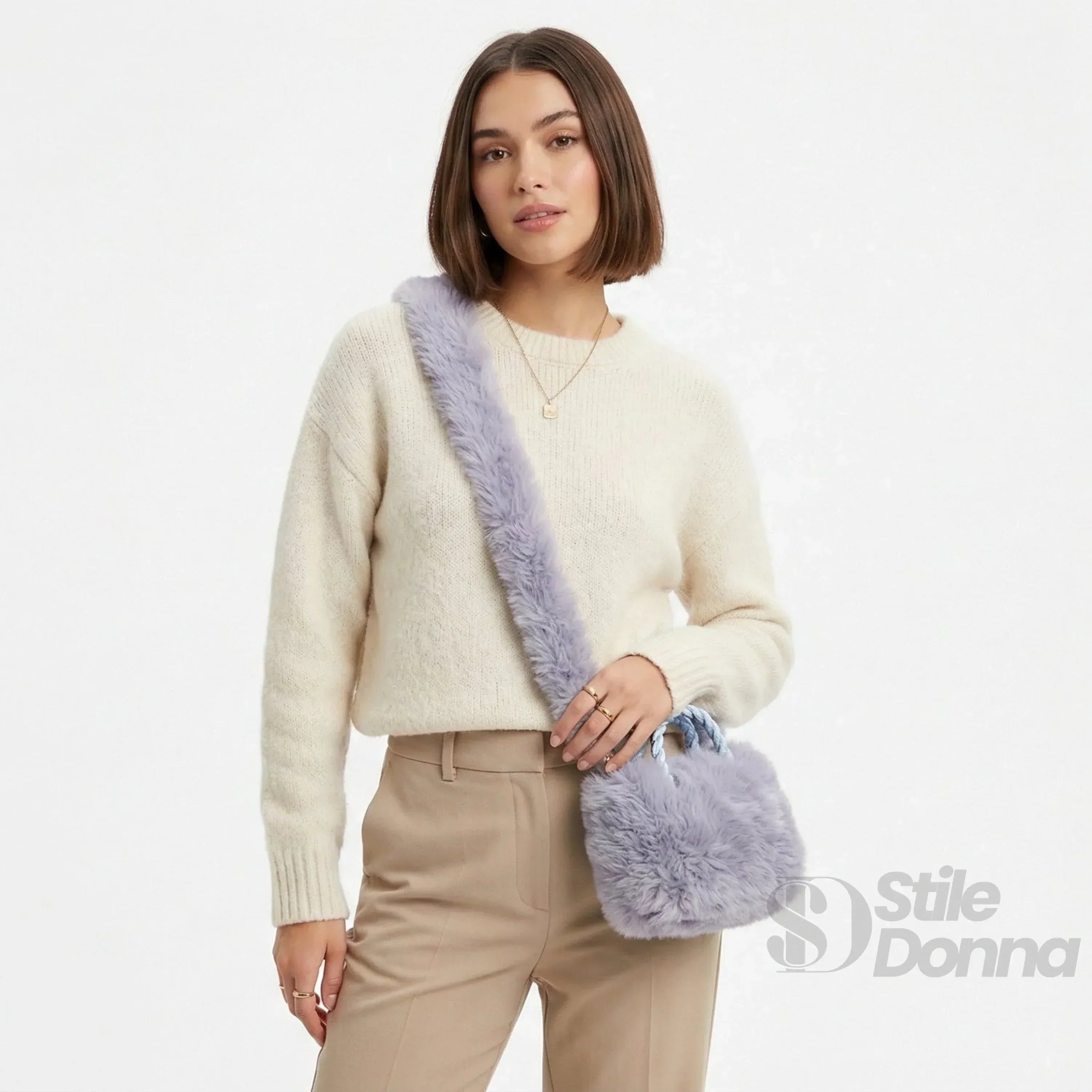 Borsa In Pelliccia Sintetica Con Manico E Chiusura A Cerniera, Altezza 16 Cm, Dimensioni Compatte