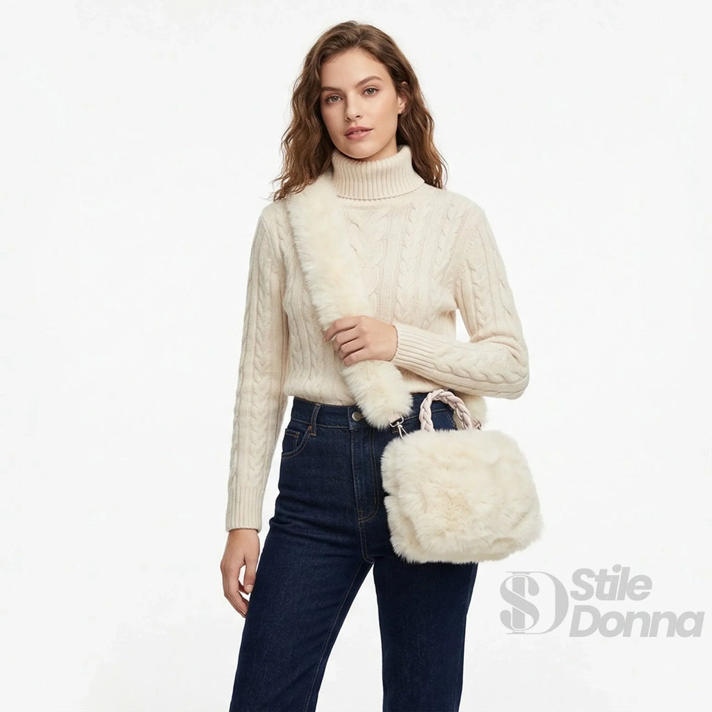 Borsa In Pelliccia Sintetica Con Manico E Chiusura A Cerniera, Altezza 16 Cm, Dimensioni Compatte
