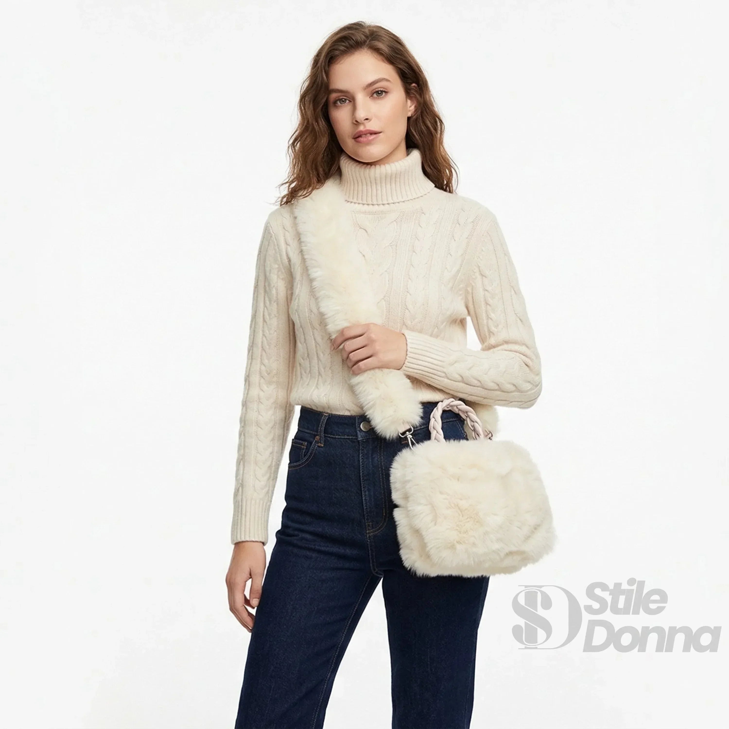 Borsa In Pelliccia Sintetica Con Manico E Chiusura A Cerniera, Altezza 16 Cm, Dimensioni Compatte