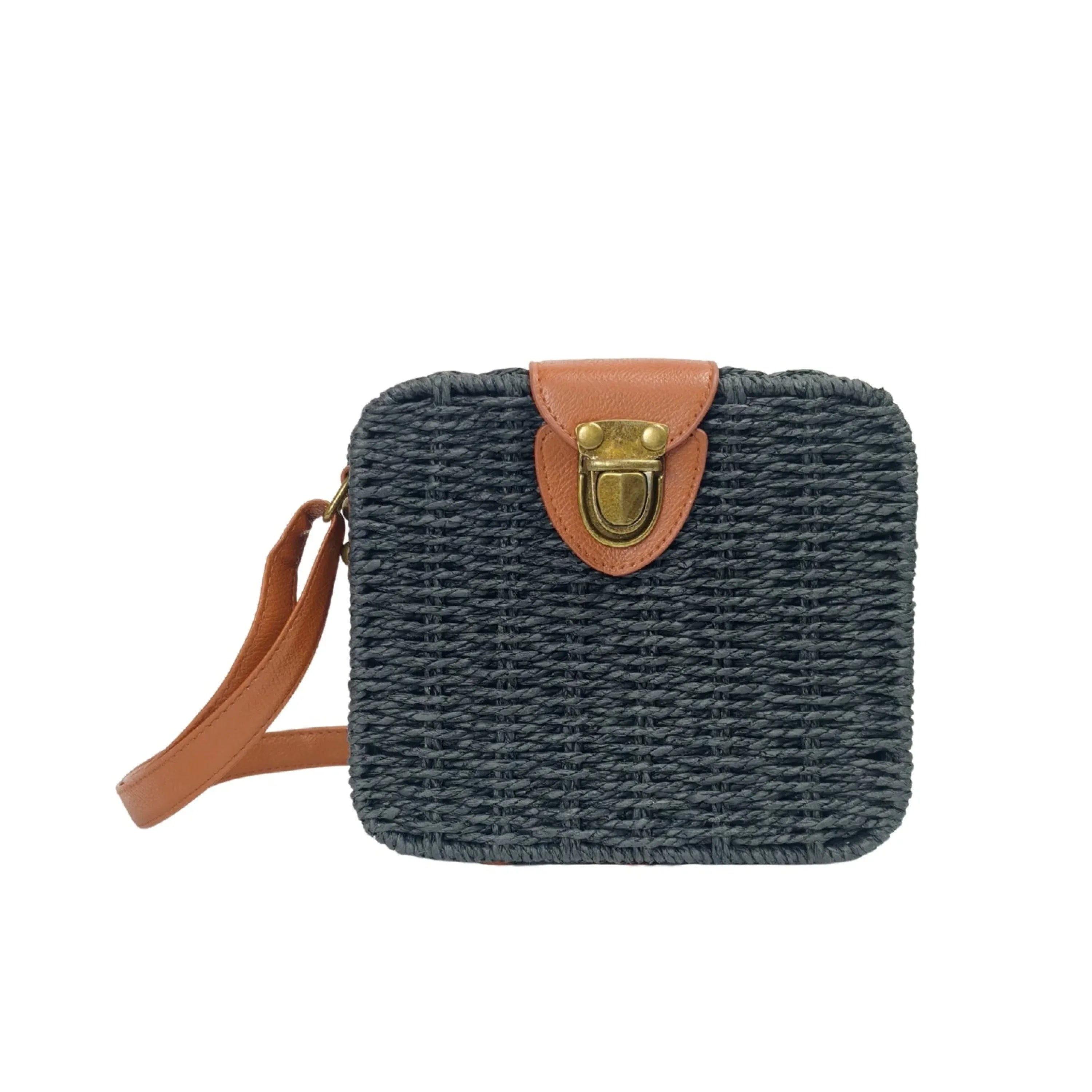 Borsa Intrecciata a Scatola in Paglia e Pelle Nero Design Compatto Leggera e Resistente