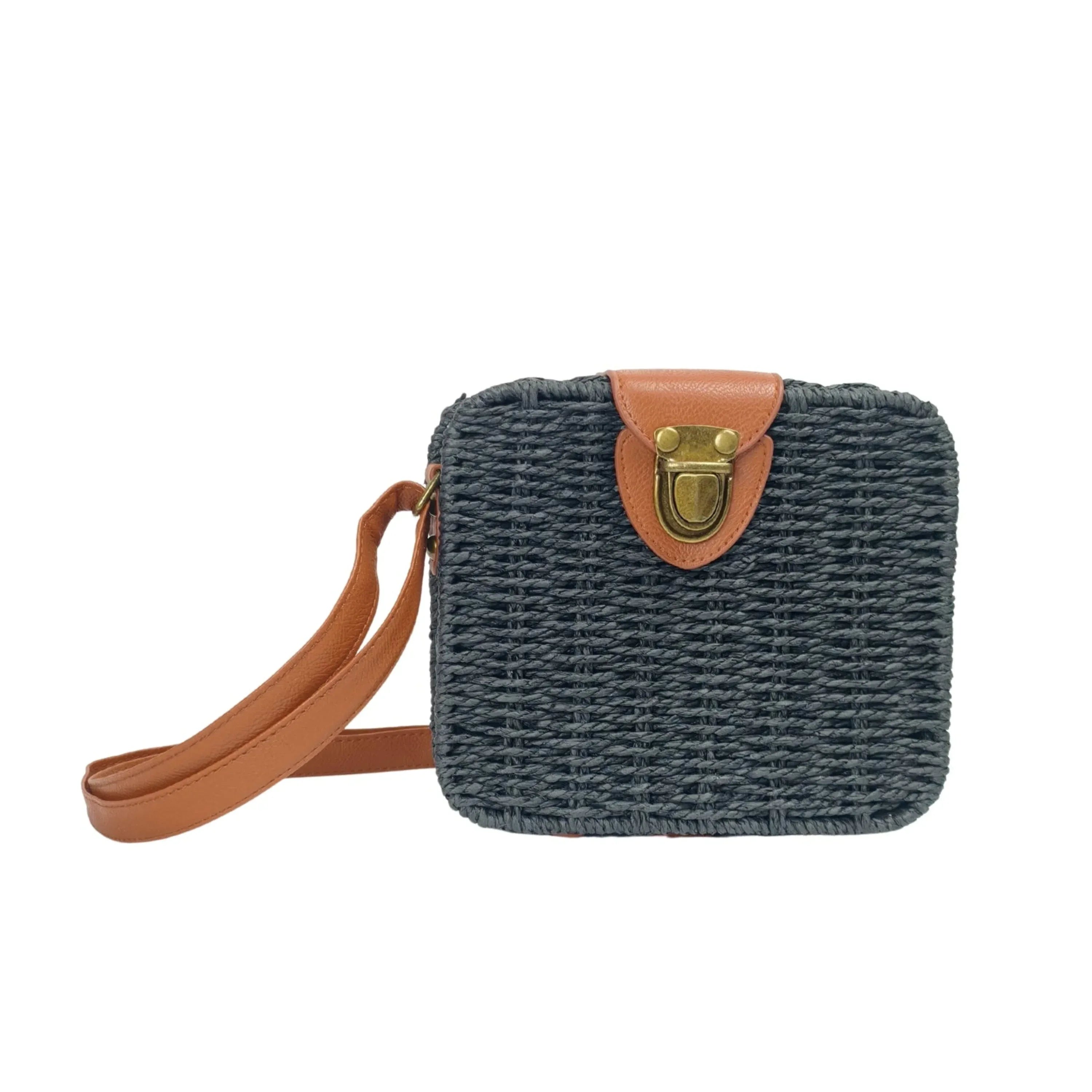 Borsa Intrecciata a Scatola in Paglia e Pelle Nero Design Compatto Leggera e Resistente