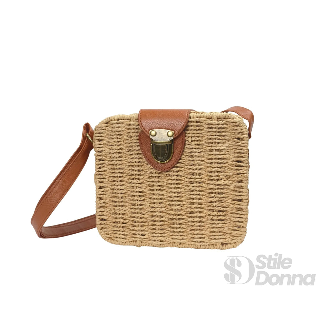 Borsa Intrecciata a Scatola in Paglia e Pelle Nero Design Compatto Leggera e Resistente