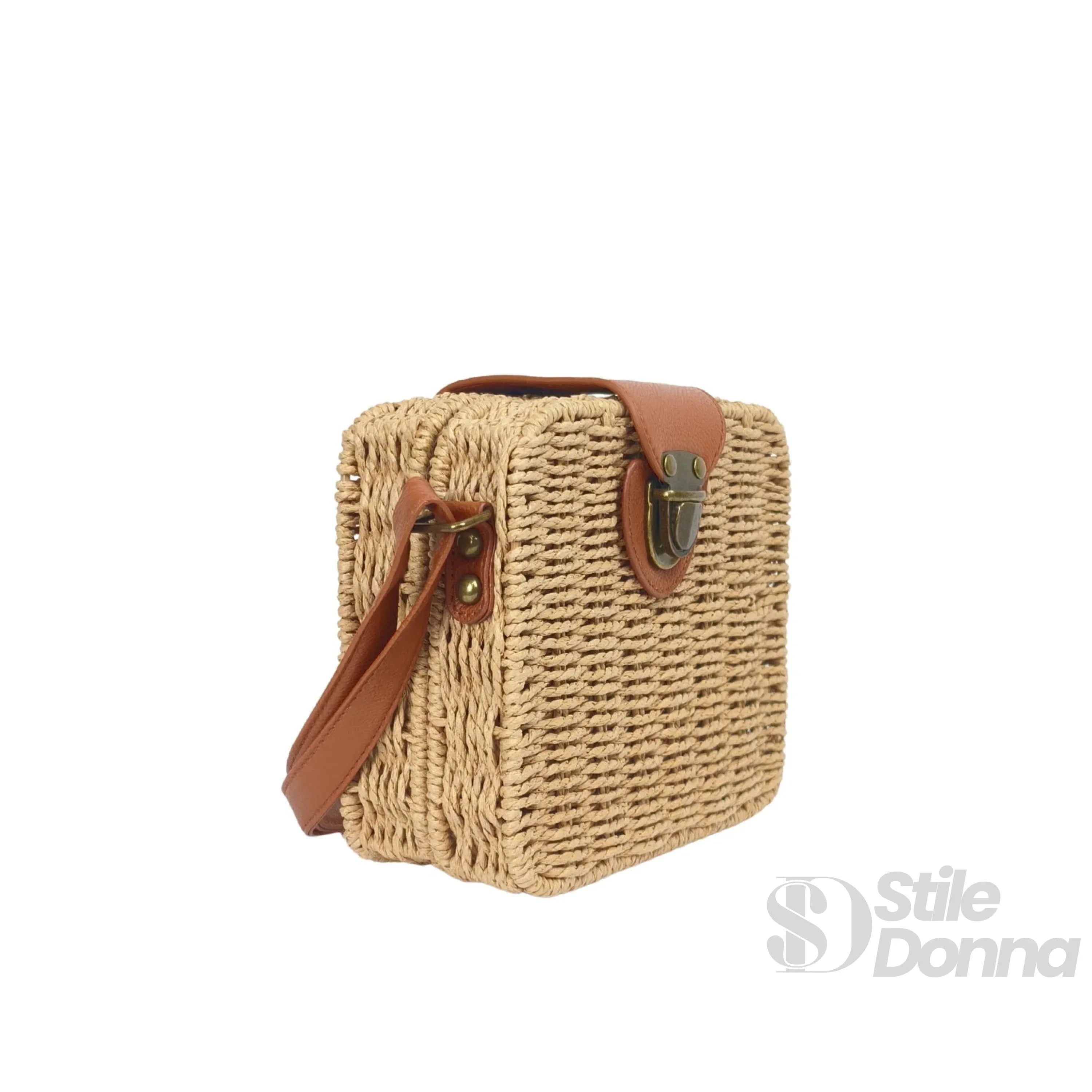 Borsa Intrecciata a Scatola in Paglia e Pelle Nero Design Compatto Leggera e Resistente