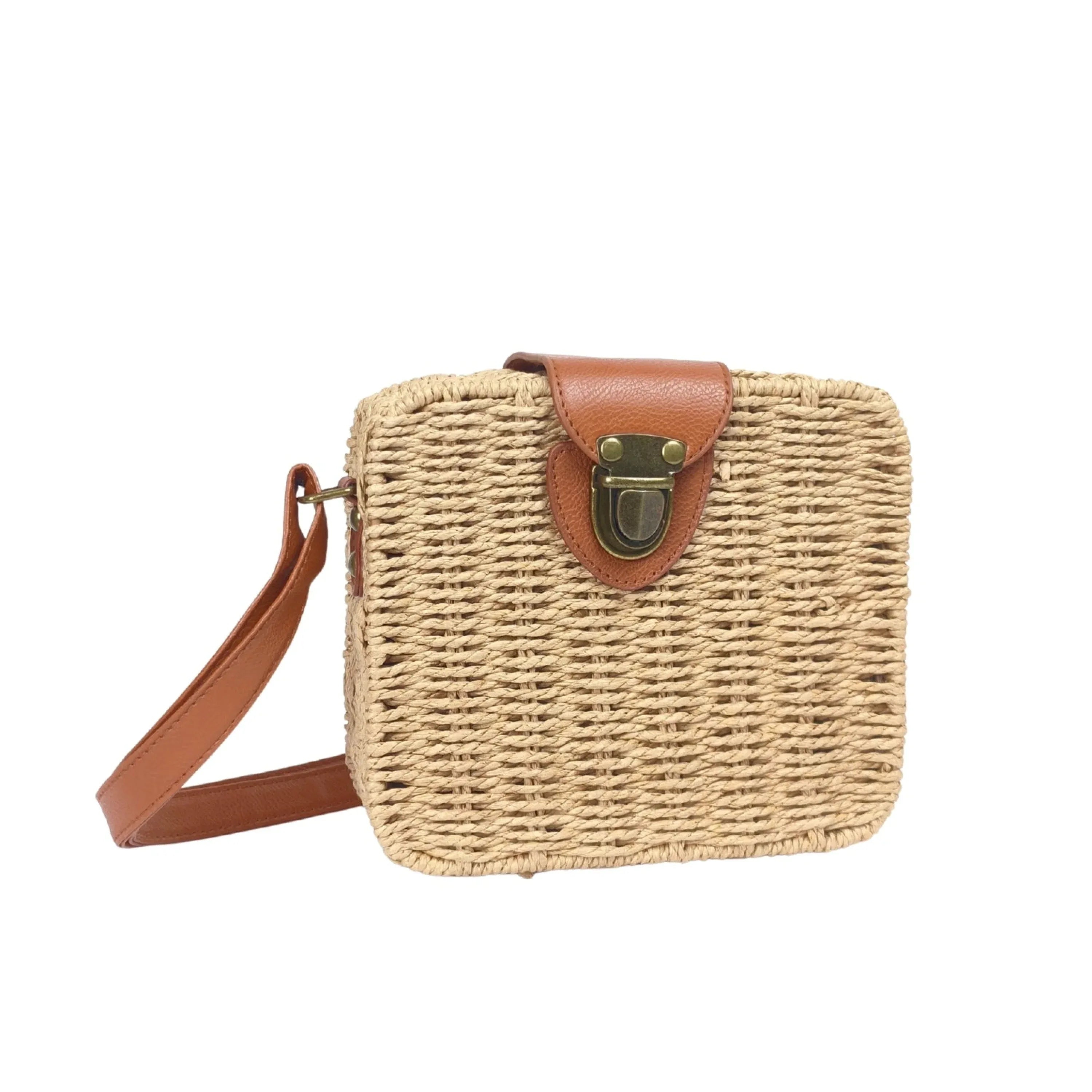 Borsa Intrecciata a Scatola in Paglia e Pelle Nero Design Compatto Leggera e Resistente