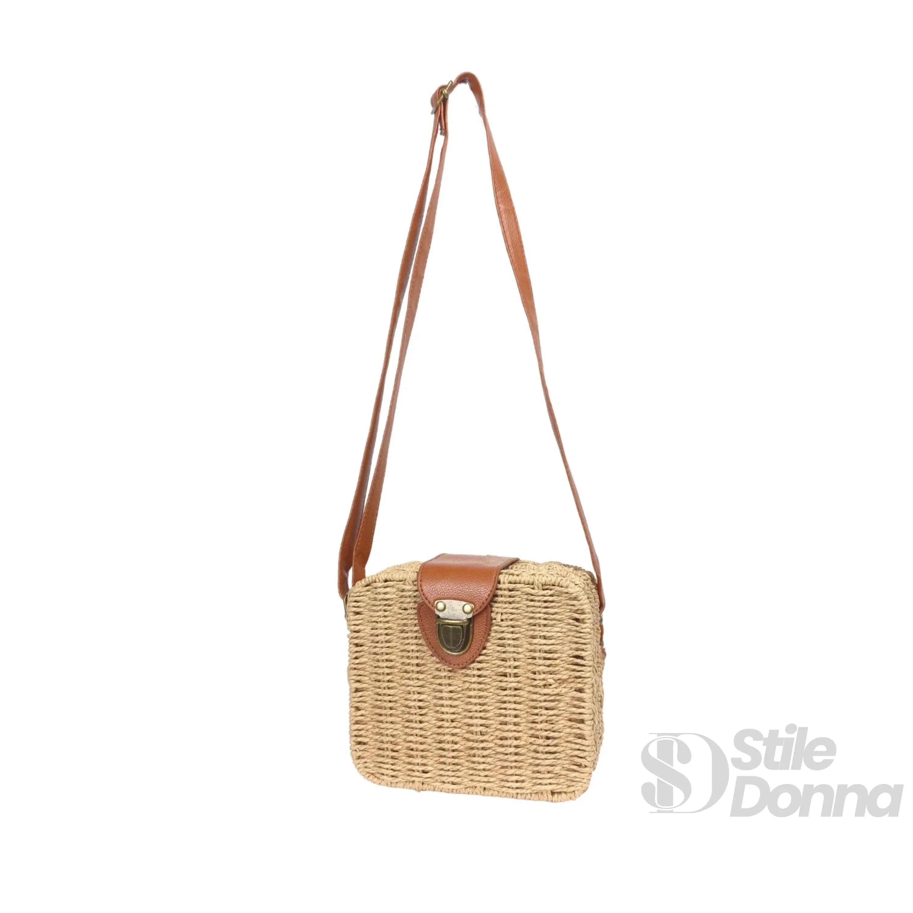 Borsa Intrecciata a Scatola in Paglia e Pelle Nero Design Compatto Leggera e Resistente