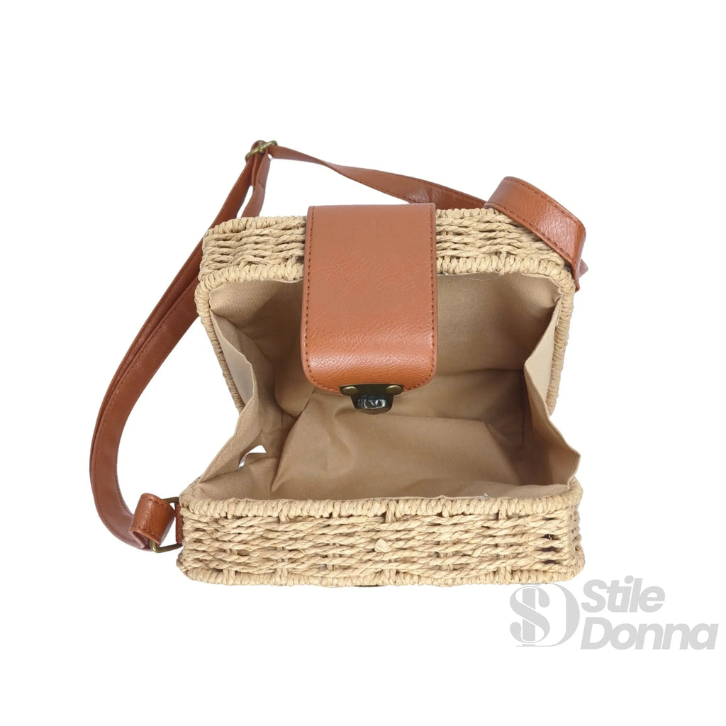 Borsa Intrecciata a Scatola in Paglia e Pelle Nero Design Compatto Leggera e Resistente