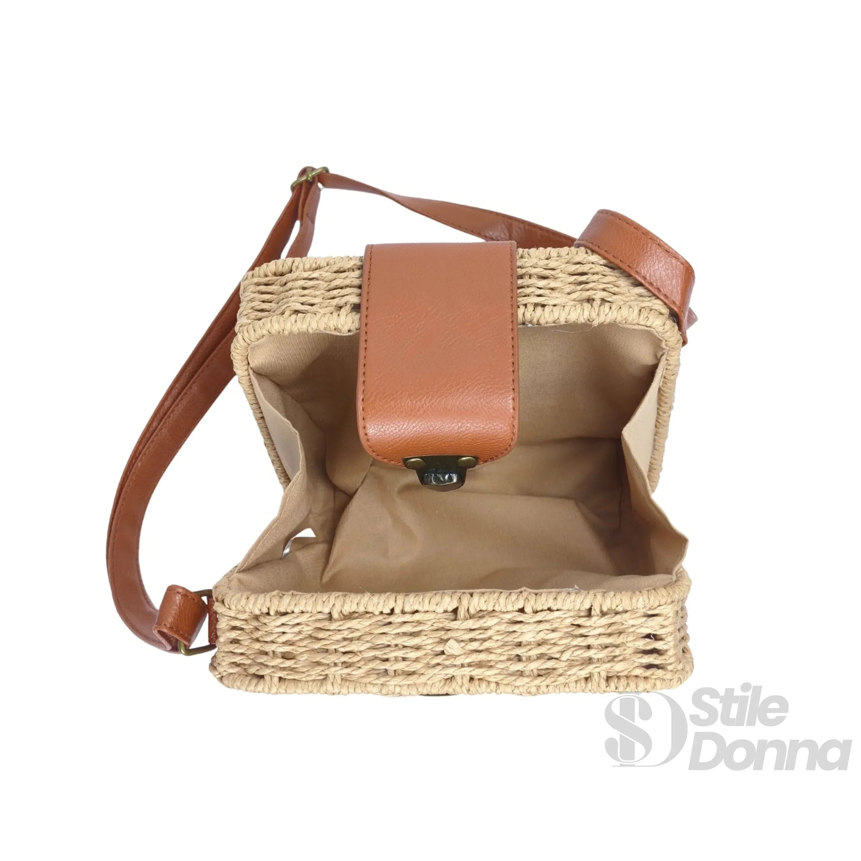 Borsa Intrecciata a Scatola in Paglia e Pelle Nero Design Compatto Leggera e Resistente