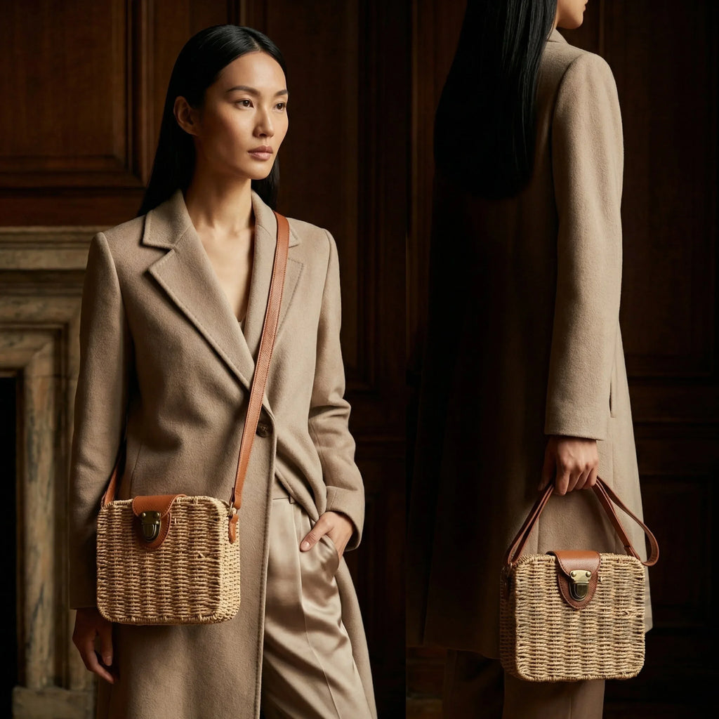 Borsa Intrecciata a Scatola in Paglia e Pelle Nero Design Compatto Leggera e Resistente