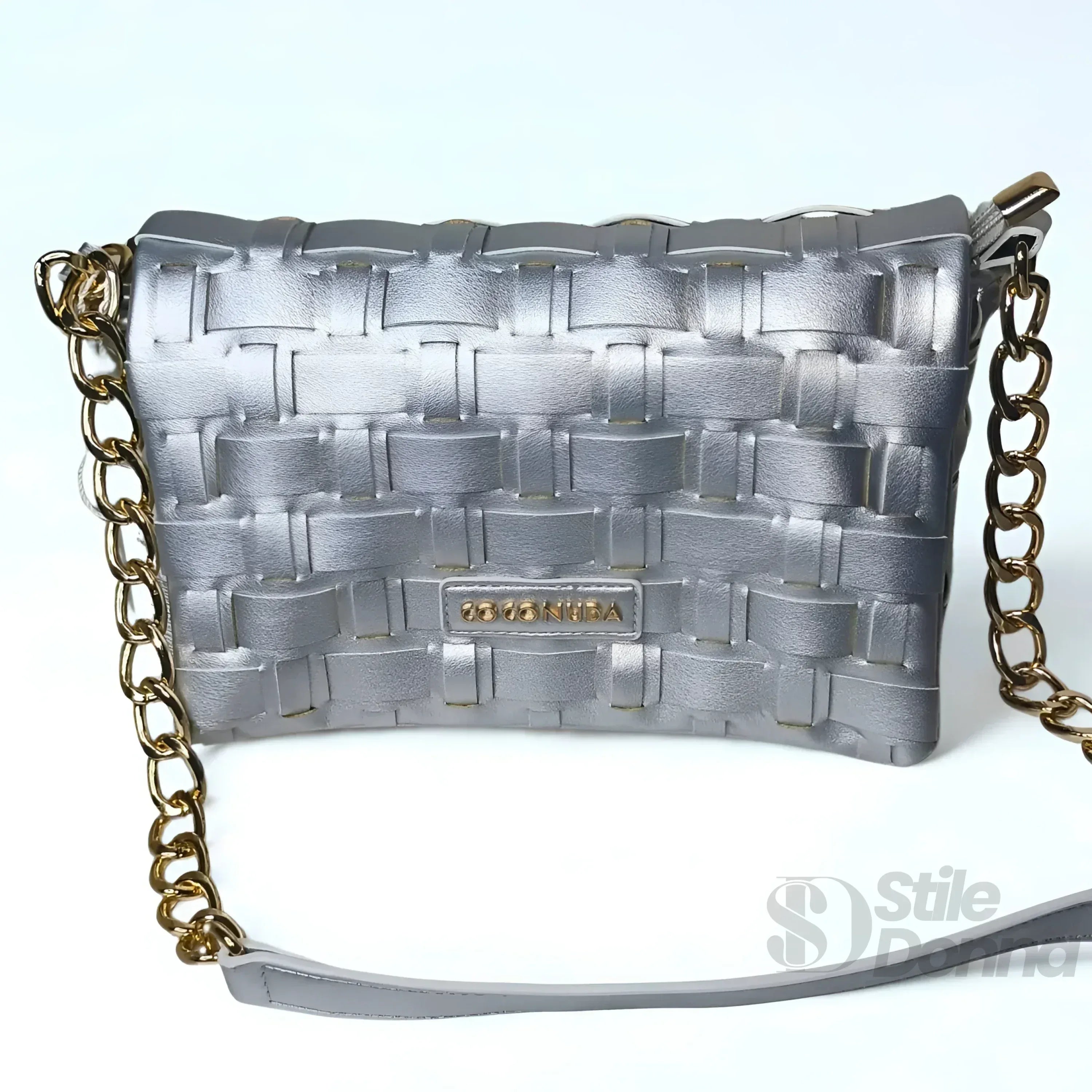 Coconuda Borsa Intrecciata Argento A Tracolla In Ecopelle Dettagli Dorati Con Interno In Tessuto