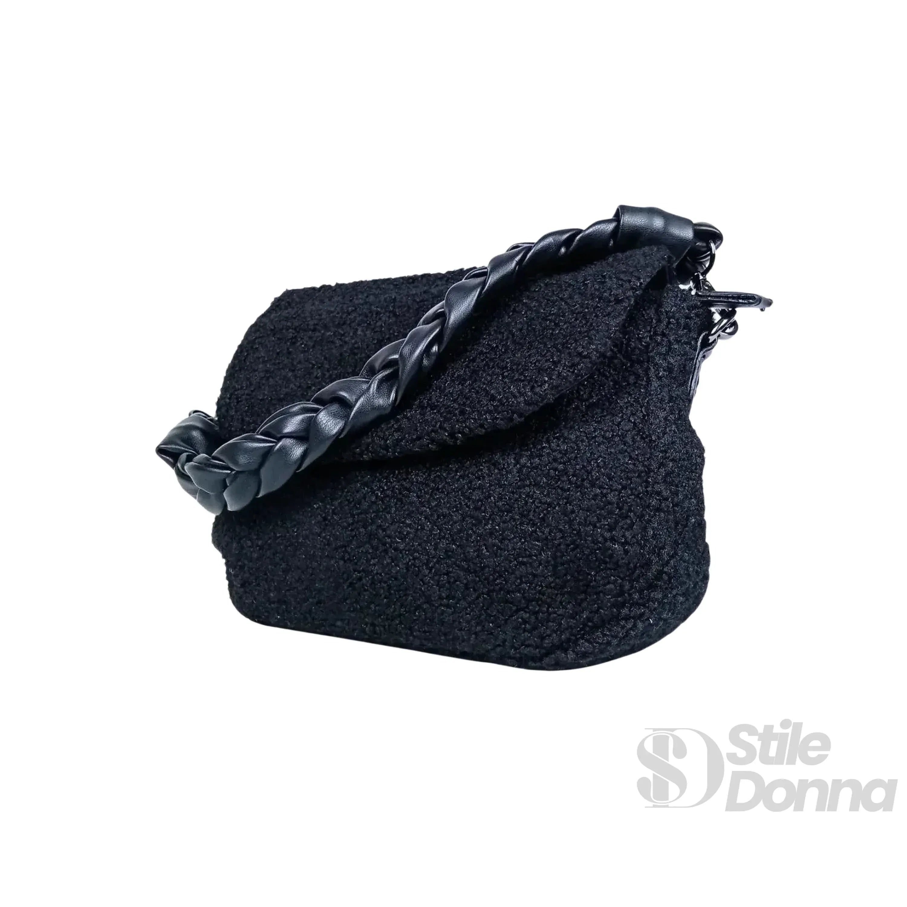 Borsa Nera Con Manico Intrecciato In Pelle PU Tracolla Regolabile E Interno Microfibra
