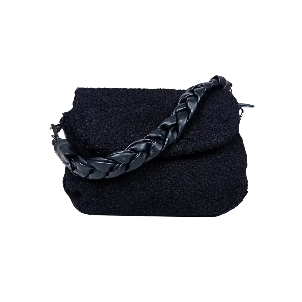Borsa Nera Con Manico Intrecciato In Pelle PU Tracolla Regolabile E Interno Microfibra