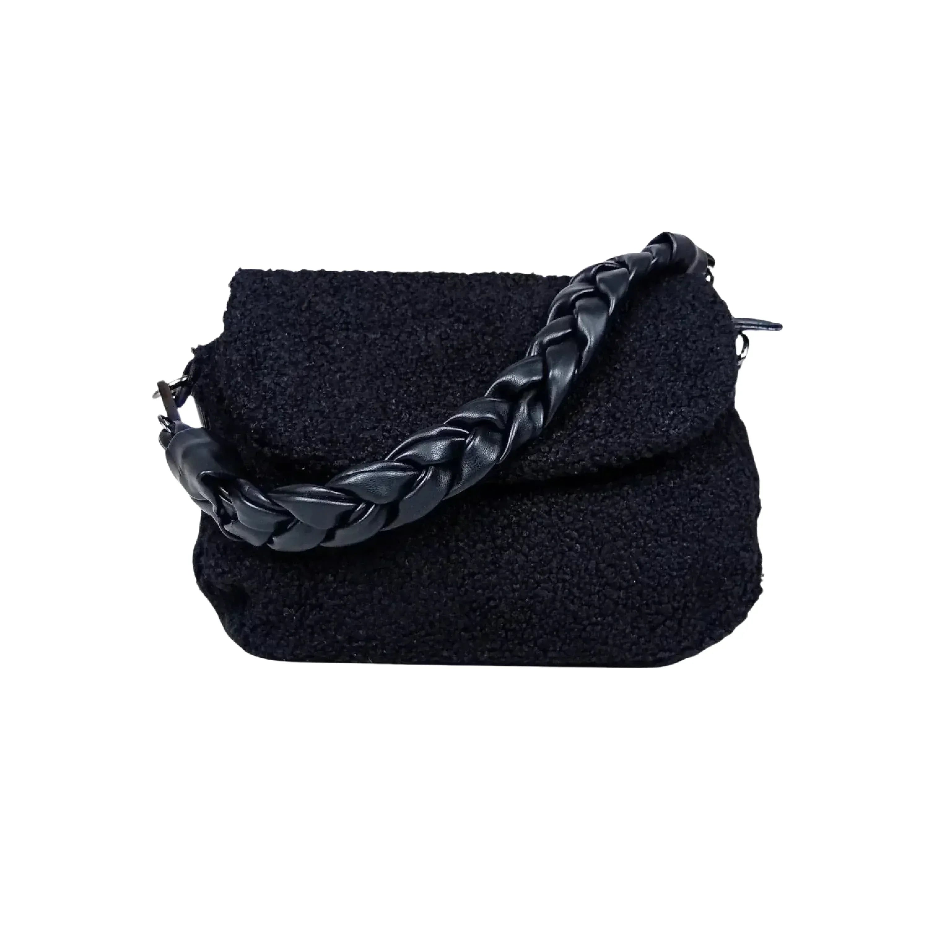 Borsa Nera Con Manico Intrecciato In Pelle PU Tracolla Regolabile E Interno Microfibra