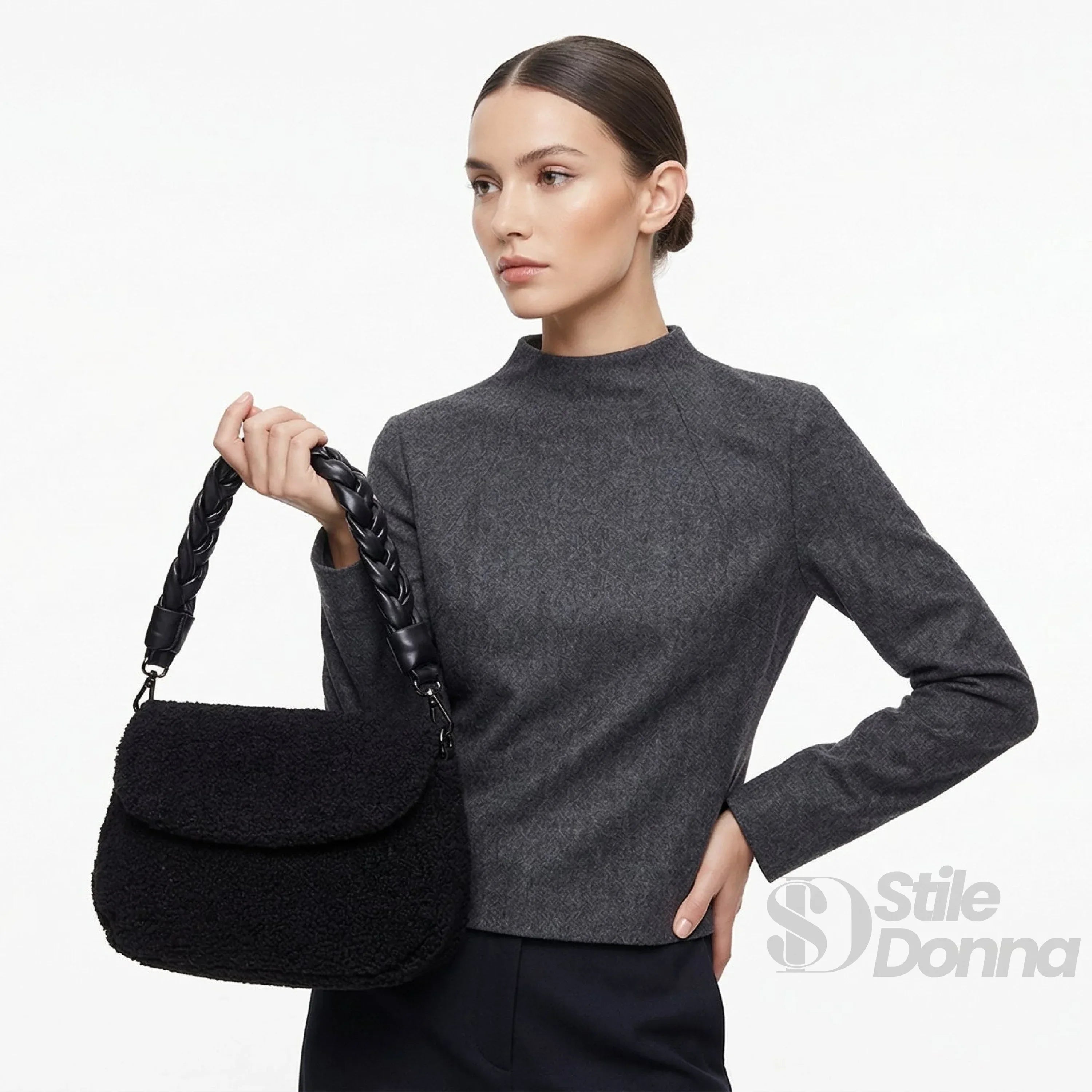 Borsa Nera Con Manico Intrecciato In Pelle PU Tracolla Regolabile E Interno Microfibra