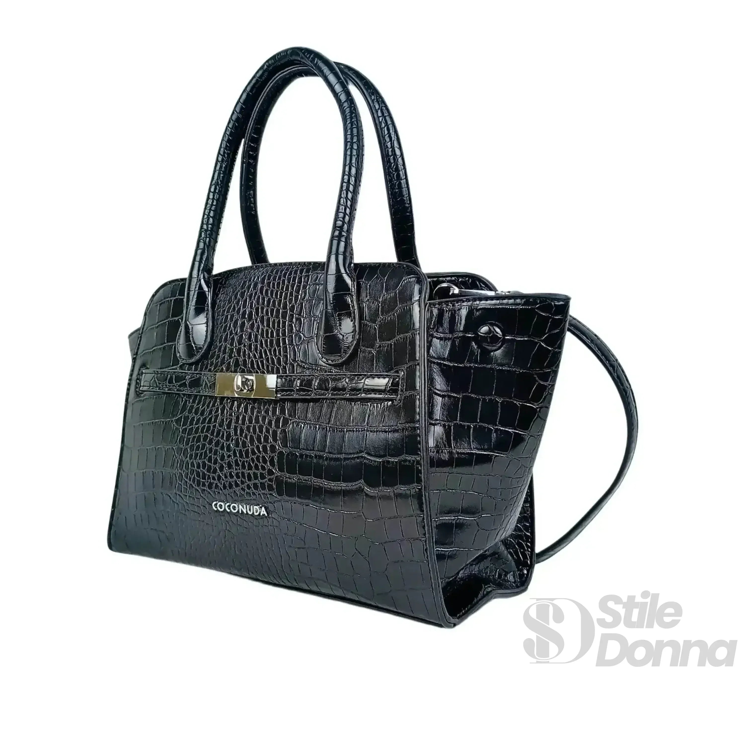 Borsa Nera In Pelle Verniciata Con Manici