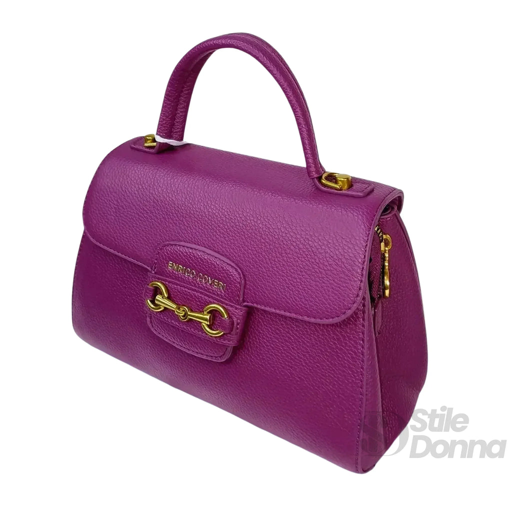 Enrico Coveri Borsa Satchel in Pelle PU Viola con Cerniera e Bottone Automatico Removibile Tracolla