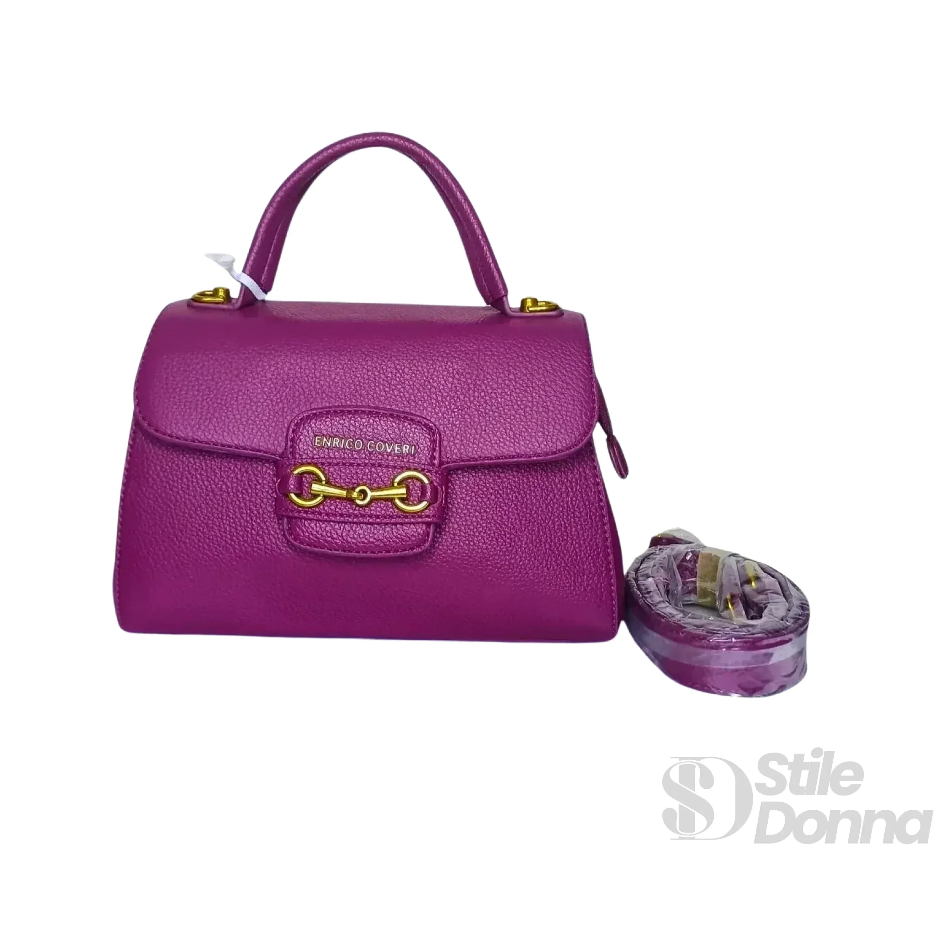 Enrico Coveri Borsa Satchel in Pelle PU Viola con Cerniera e Bottone Automatico Removibile Tracolla