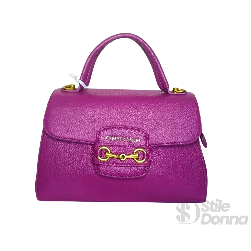 Enrico Coveri Borsa Satchel in Pelle PU Viola con Cerniera e Bottone Automatico Removibile Tracolla