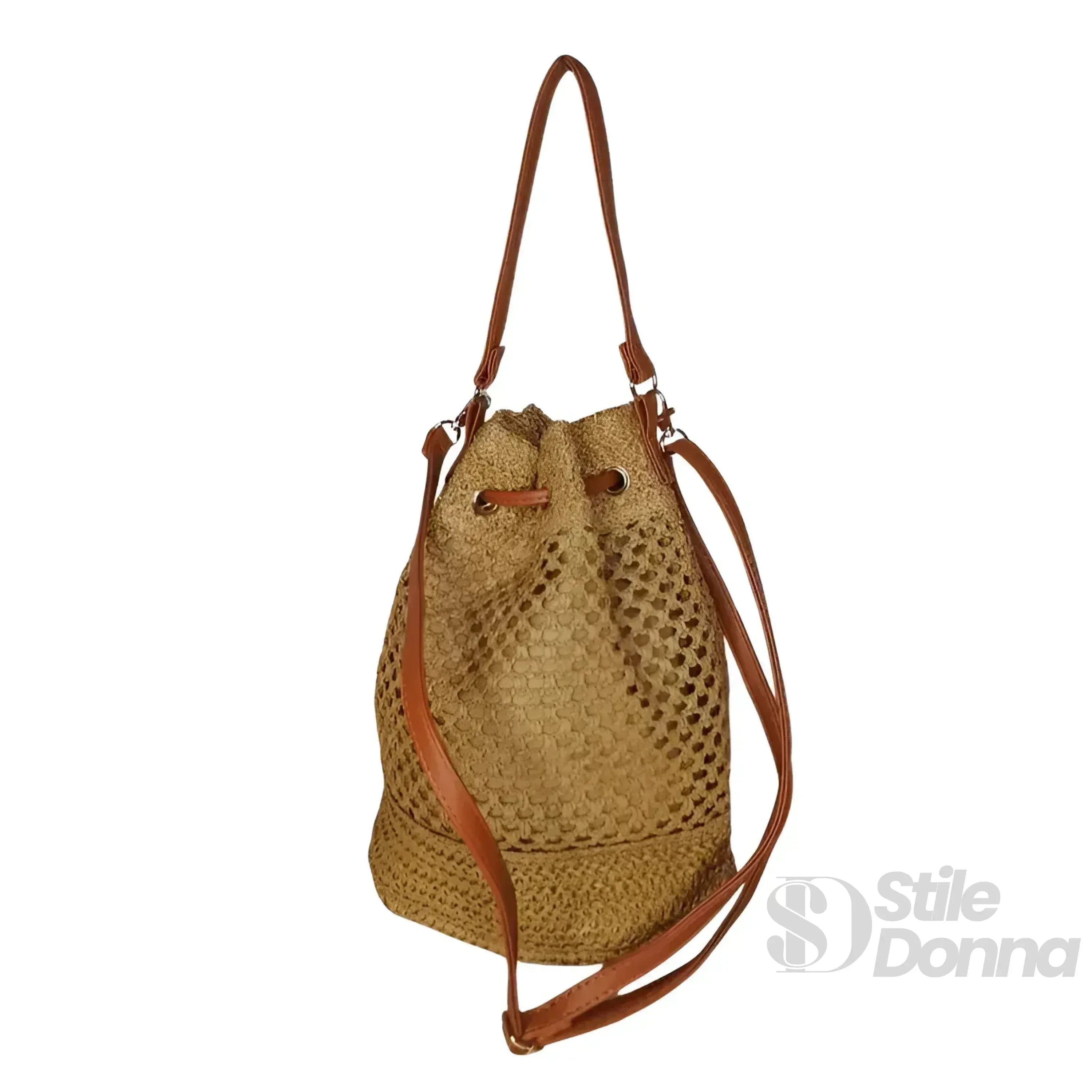 Borsa Secchiello In Paglia Intrecciata Con Spallacci In Pelle Marrone Per Uso Quotidiano
