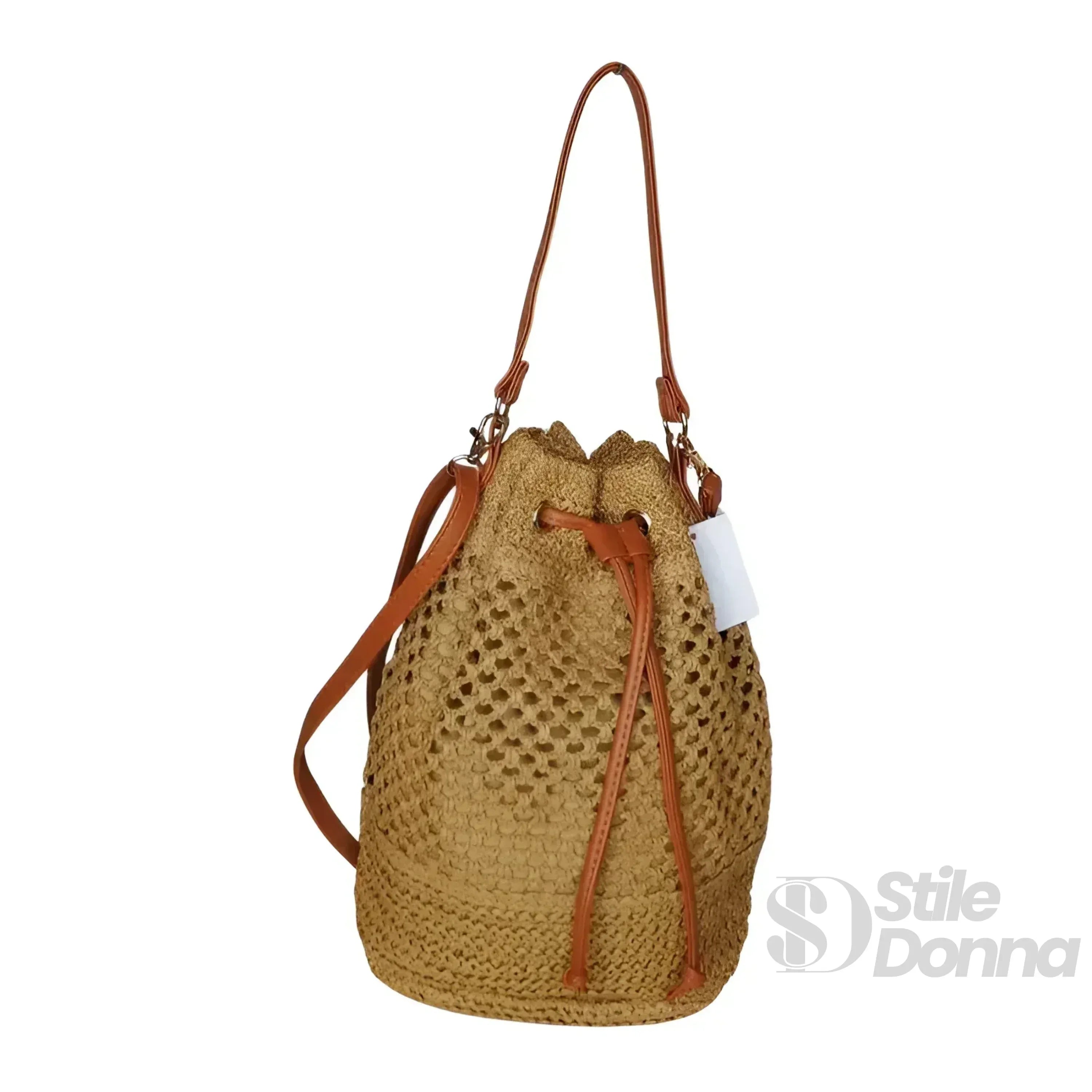 Borsa Secchiello In Paglia Intrecciata Con Spallacci In Pelle Marrone Per Uso Quotidiano