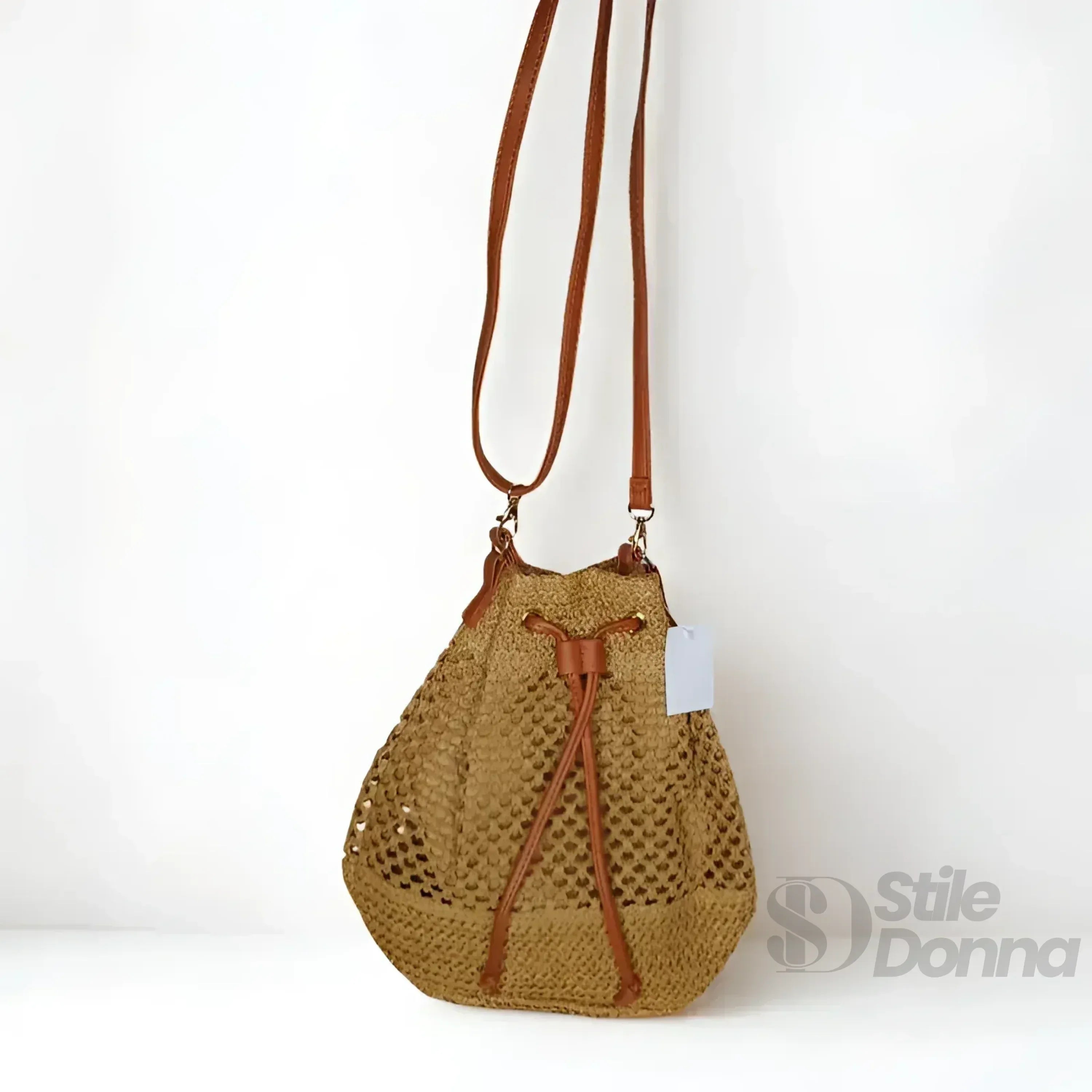 Borsa Secchiello In Paglia Intrecciata Con Spallacci In Pelle Marrone Per Uso Quotidiano