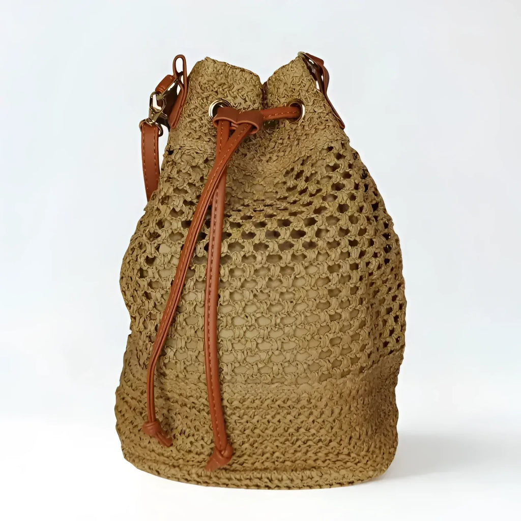 Borsa Secchiello In Paglia Intrecciata Con Spallacci In Pelle Marrone Per Uso Quotidiano