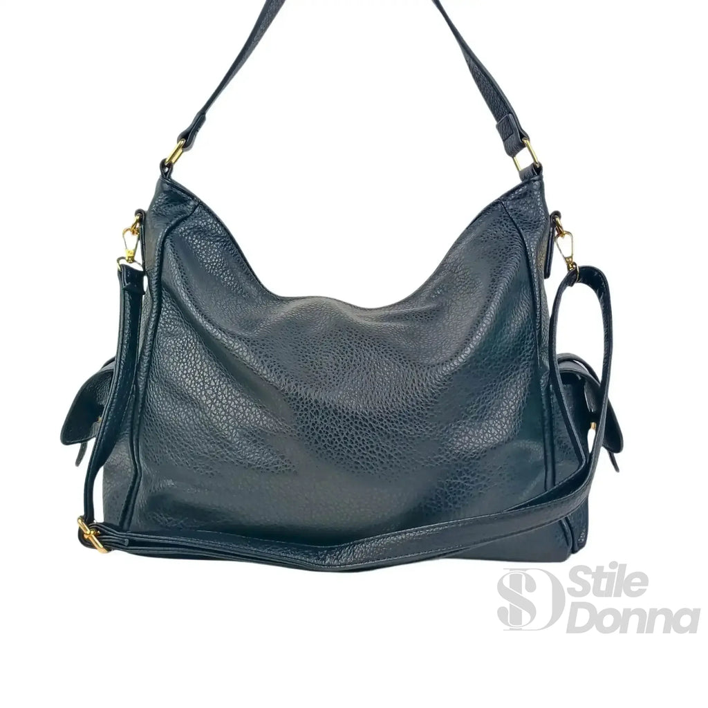 Borsa Shopper In Ecopelle Nera Con Tasche Multiple Manico In Pelle Sintetica Chiusura Cerniera Bottone Magnetico