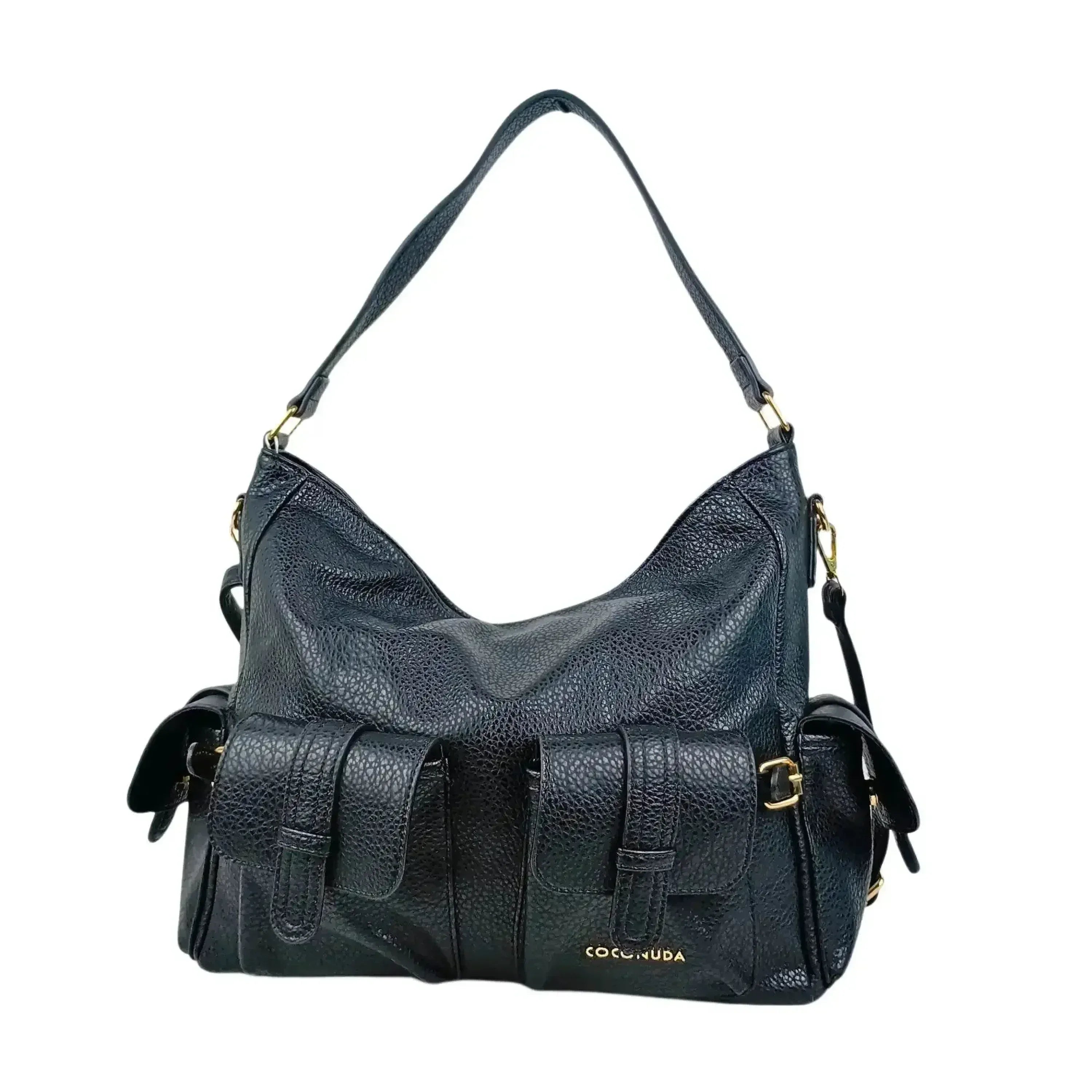 Borsa Shopper In Ecopelle Nera Con Tasche Multiple Manico In Pelle Sintetica Chiusura Cerniera Bottone Magnetico