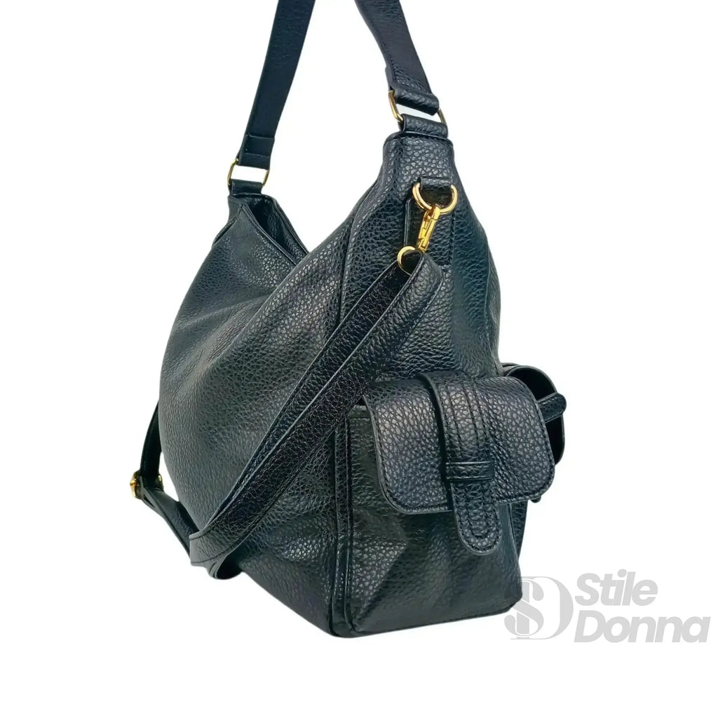 Borsa Shopper In Ecopelle Nera Con Tasche Multiple Manico In Pelle Sintetica Chiusura Cerniera Bottone Magnetico