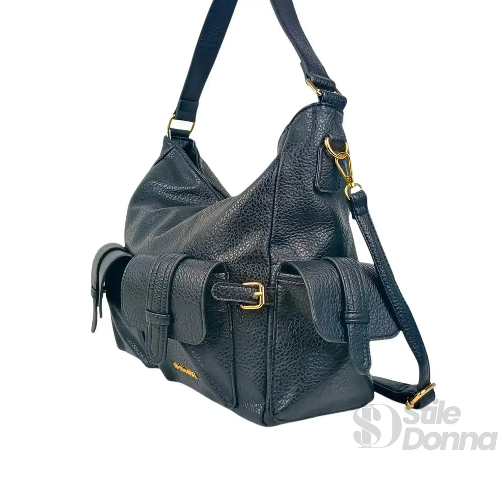 Borsa Shopper In Ecopelle Nera Con Tasche Multiple Manico In Pelle Sintetica Chiusura Cerniera Bottone Magnetico
