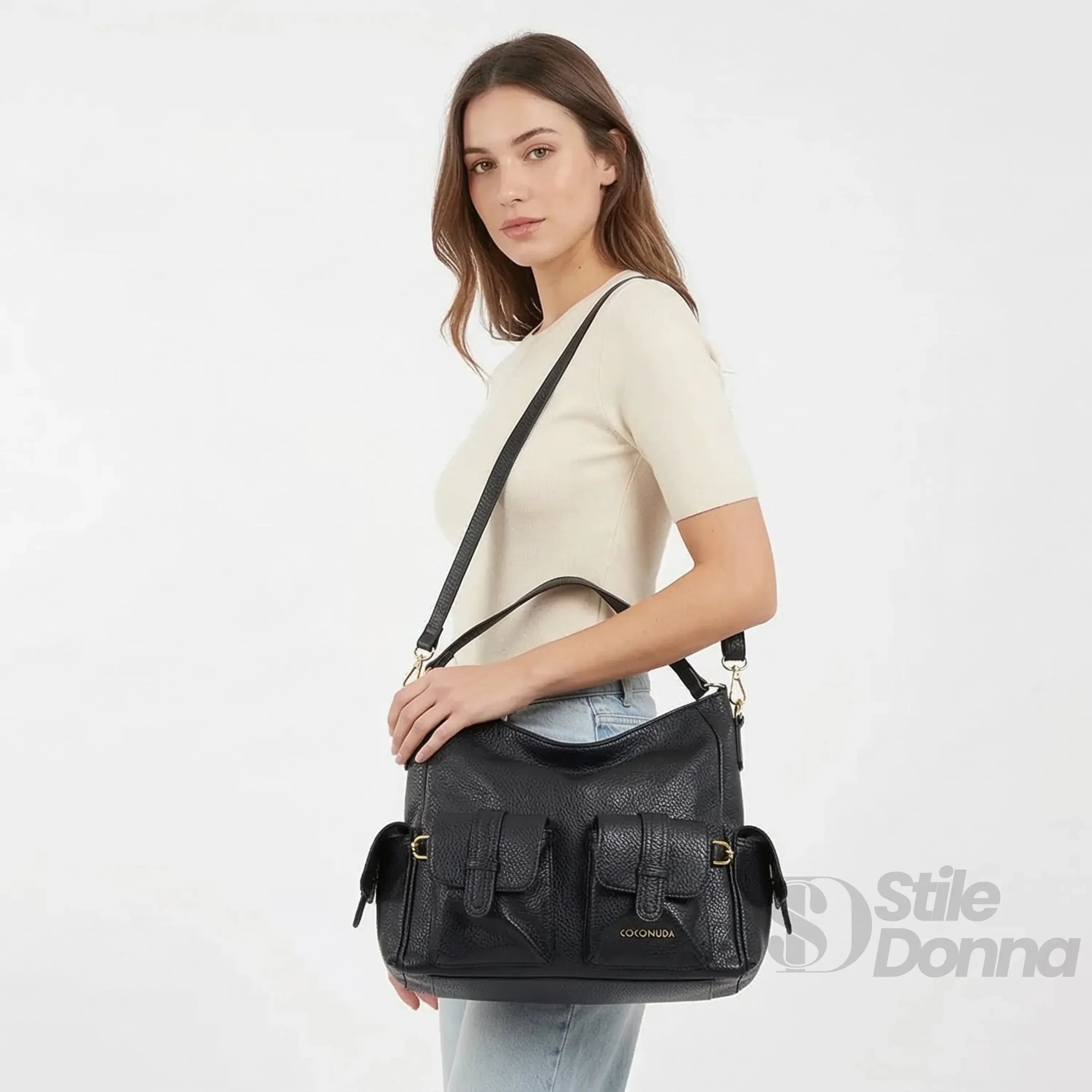 Borsa Shopper In Ecopelle Nera Con Tasche Multiple Manico In Pelle Sintetica Chiusura Cerniera Bottone Magnetico