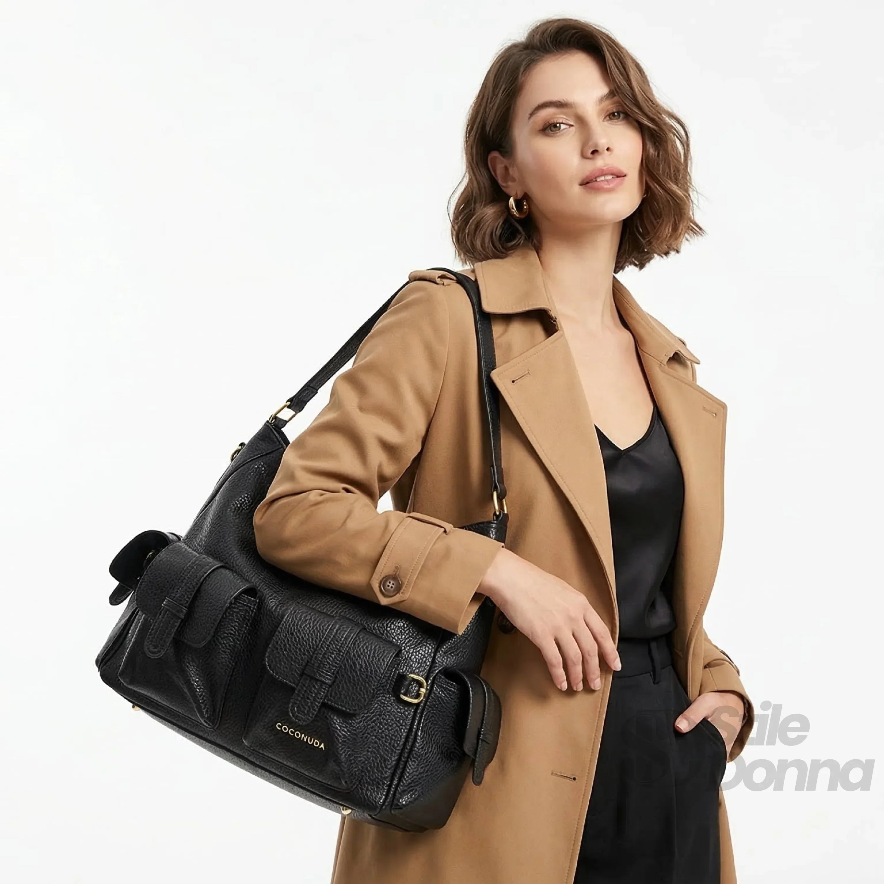 Borsa Shopper In Ecopelle Nera Con Tasche Multiple Manico In Pelle Sintetica Chiusura Cerniera Bottone Magnetico