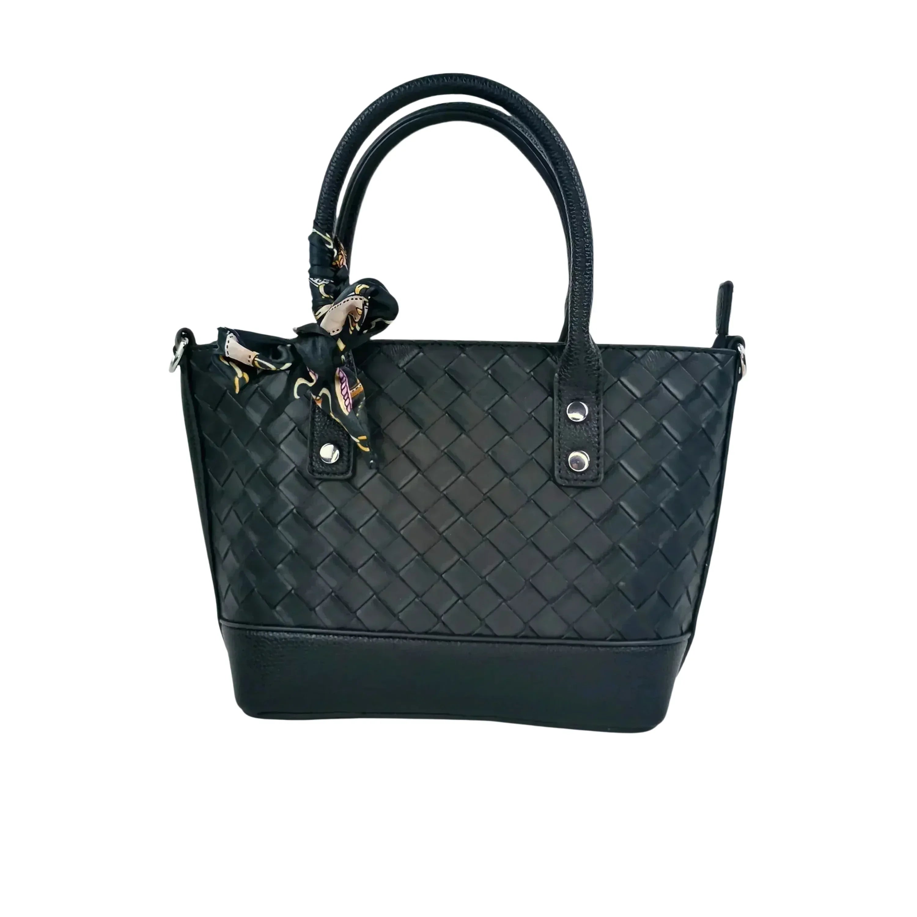 Borsa Shopper In Ecopelle Nera Intrecciata Con Sciarpa Interno Foderato Con Tasche