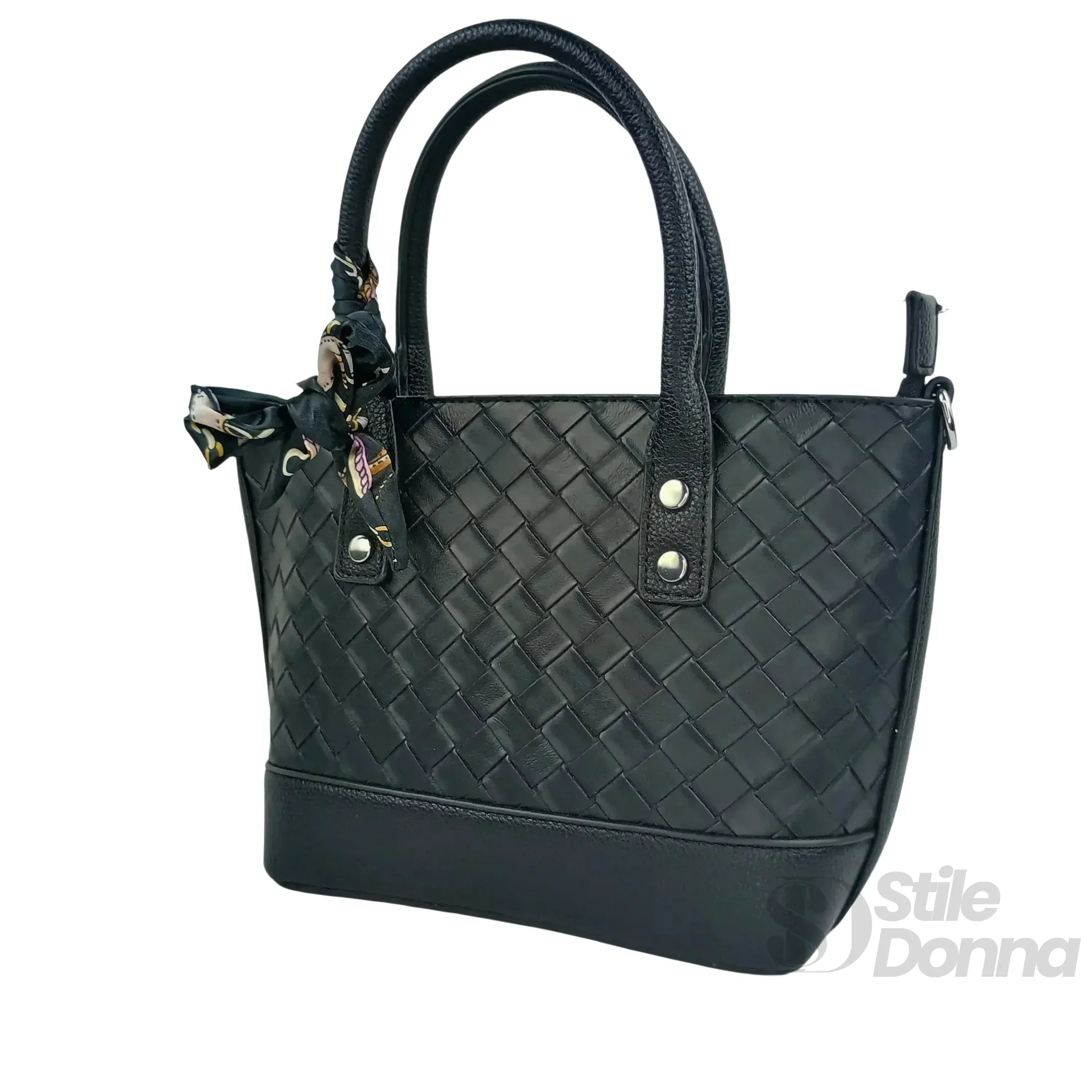 Borsa Shopper In Ecopelle Nera Intrecciata Con Sciarpa Interno Foderato Con Tasche