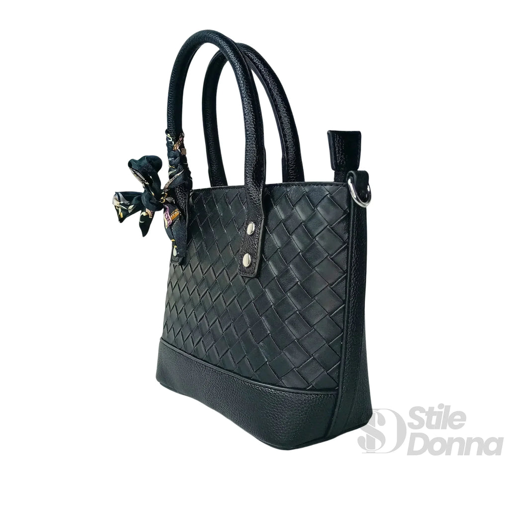 Borsa Shopper In Ecopelle Nera Intrecciata Con Sciarpa Interno Foderato Con Tasche
