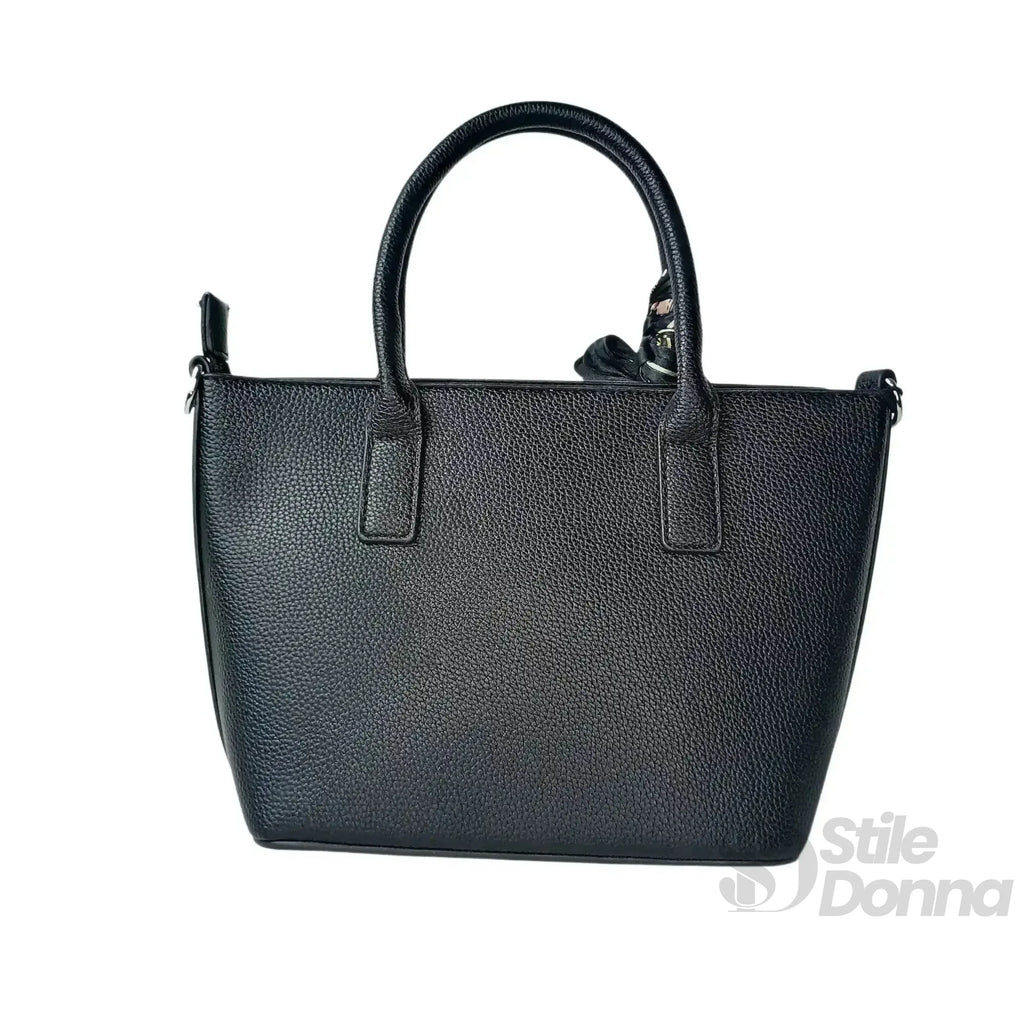 Borsa Shopper In Ecopelle Nera Intrecciata Con Sciarpa Interno Foderato Con Tasche