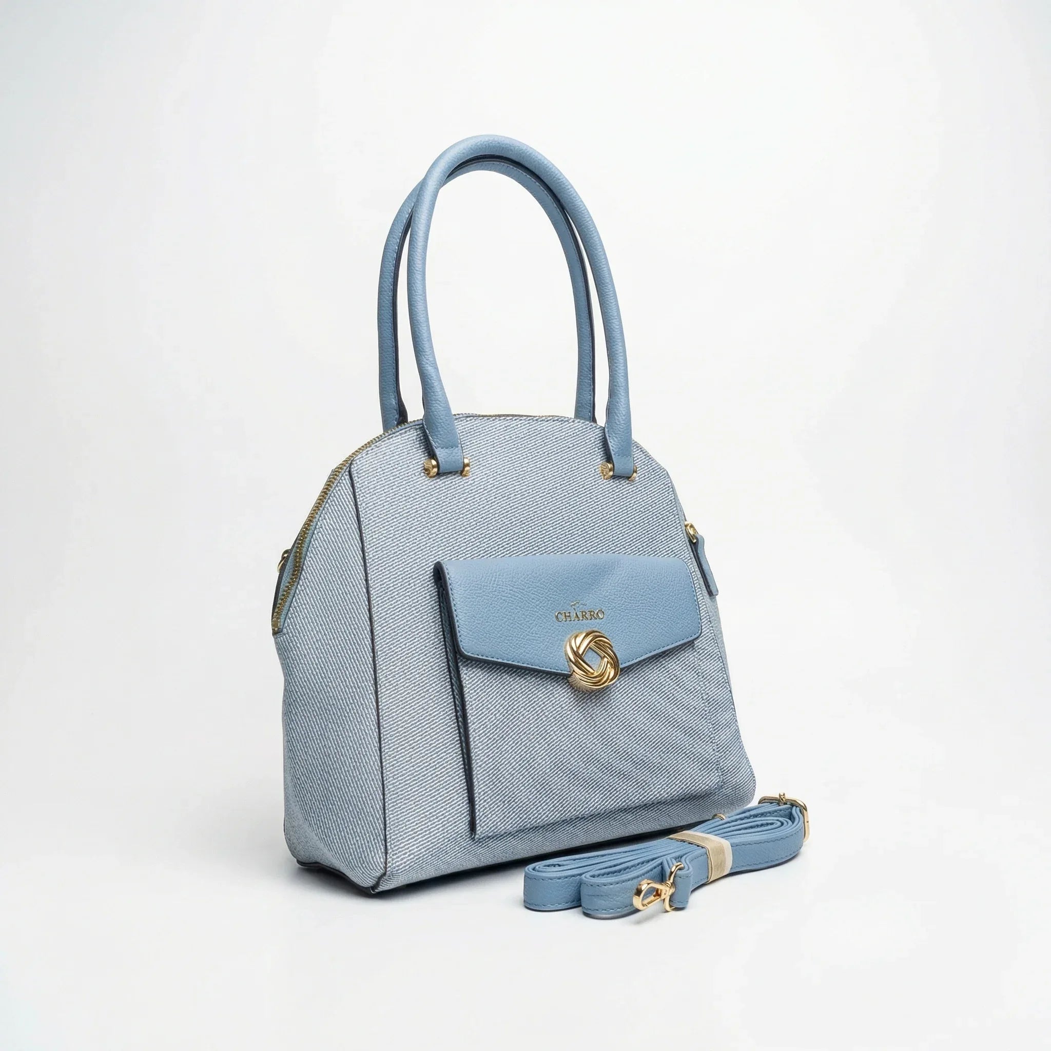 Borsa Strutturata Azzurra Con Manico Superiore In Ecopelle Di Alta Qualità E Dettagli Oro