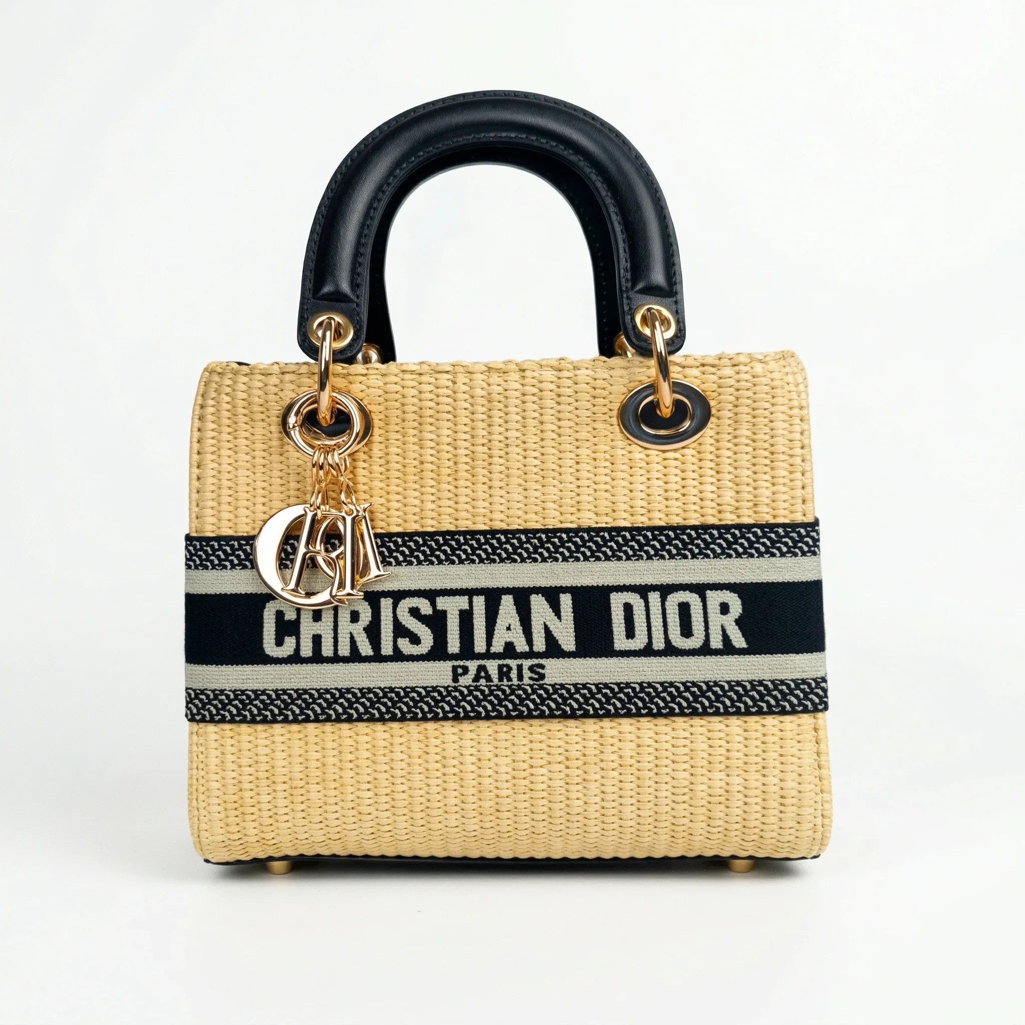 Christian Dior Borsa Tote in Paglia Intrecciata con Manico Superiore Dettagli in Metallo Dorato
