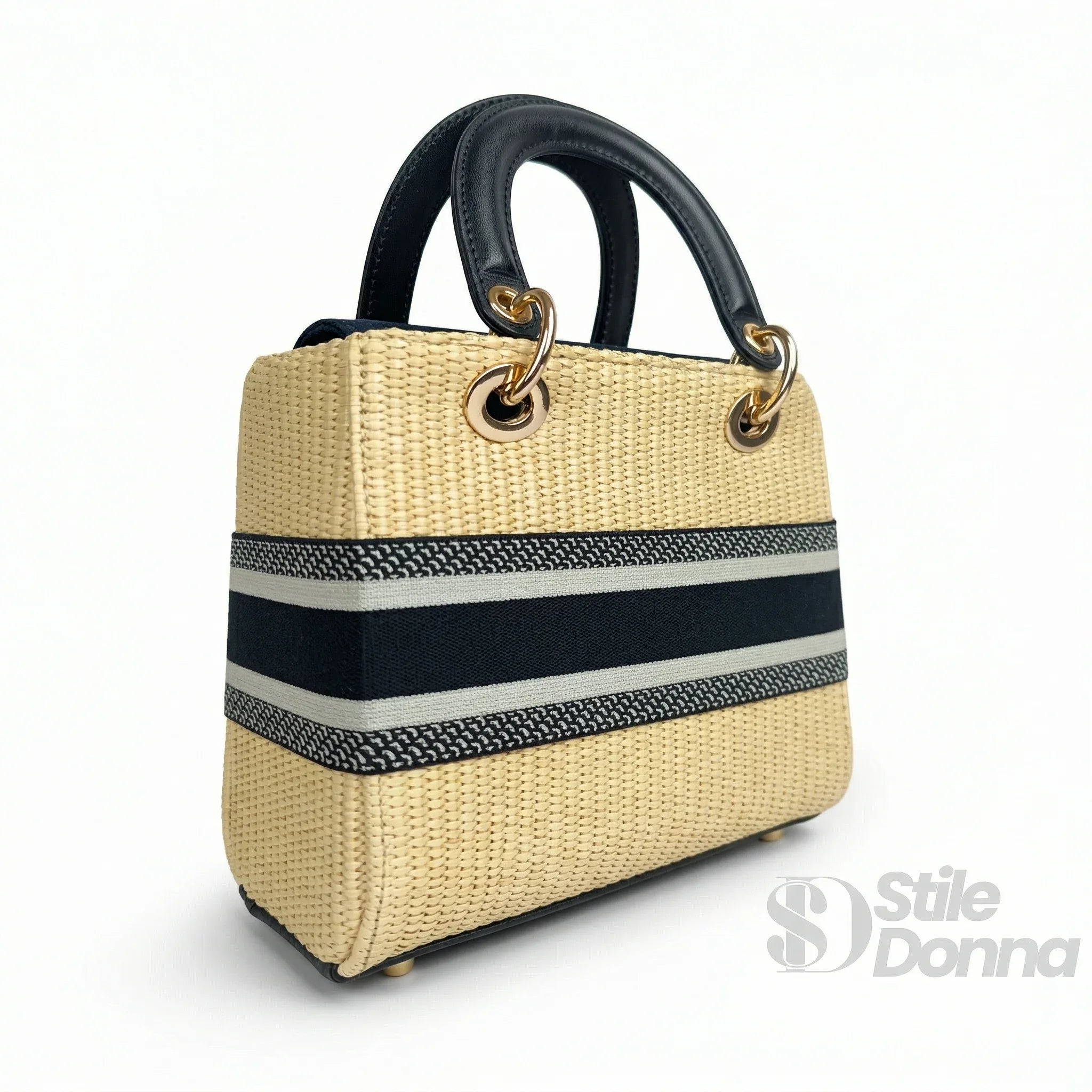 Christian Dior Borsa Tote in Paglia Intrecciata con Manico Superiore Dettagli in Metallo Dorato