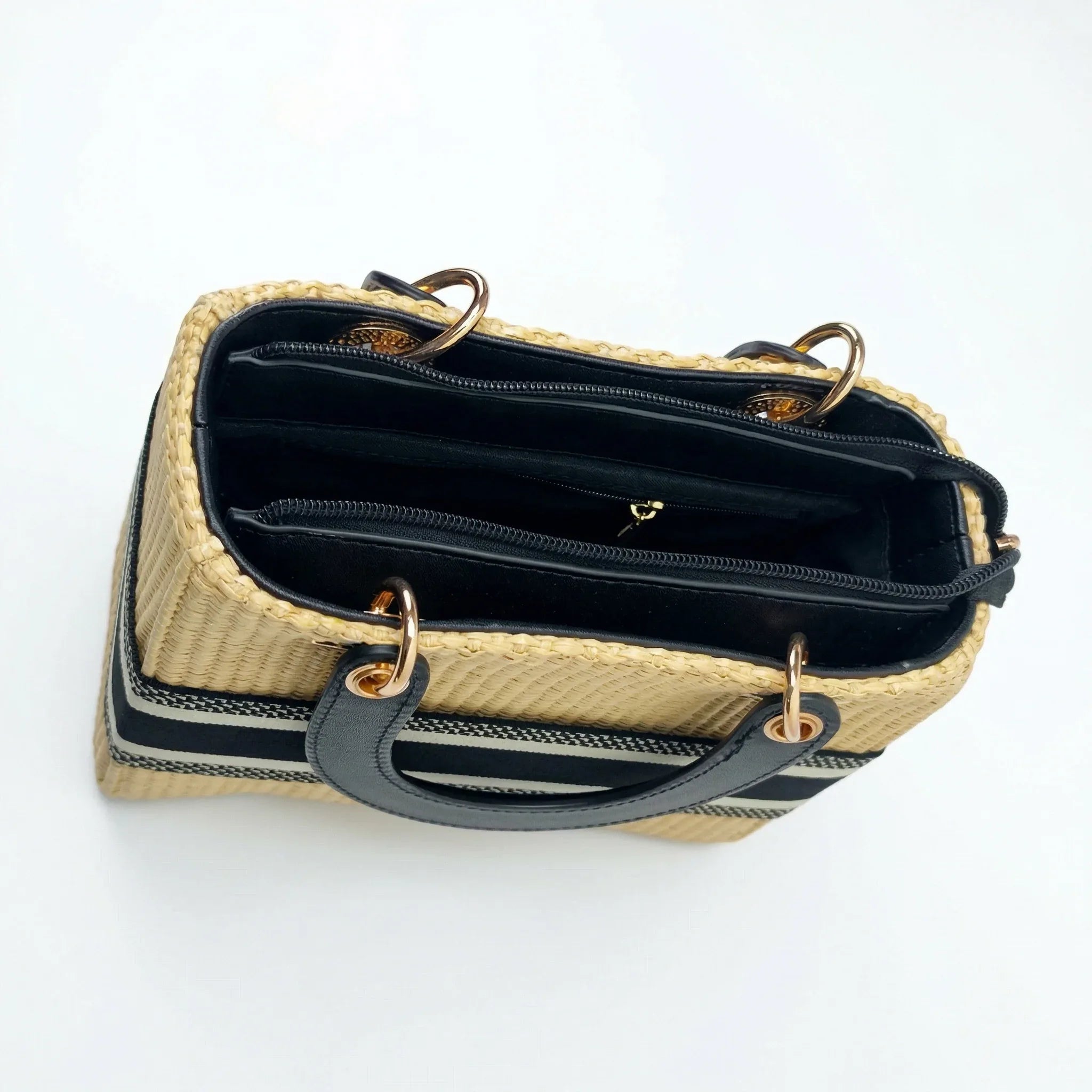 Christian Dior Borsa Tote in Paglia Intrecciata con Manico Superiore Dettagli in Metallo Dorato