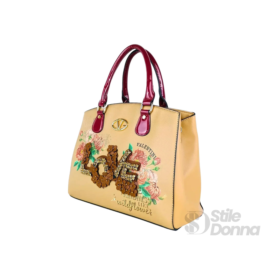 Borsa Tote Da Donna In EcoPelle Con Ricamo Floreale E Scritta Love In Paillettes