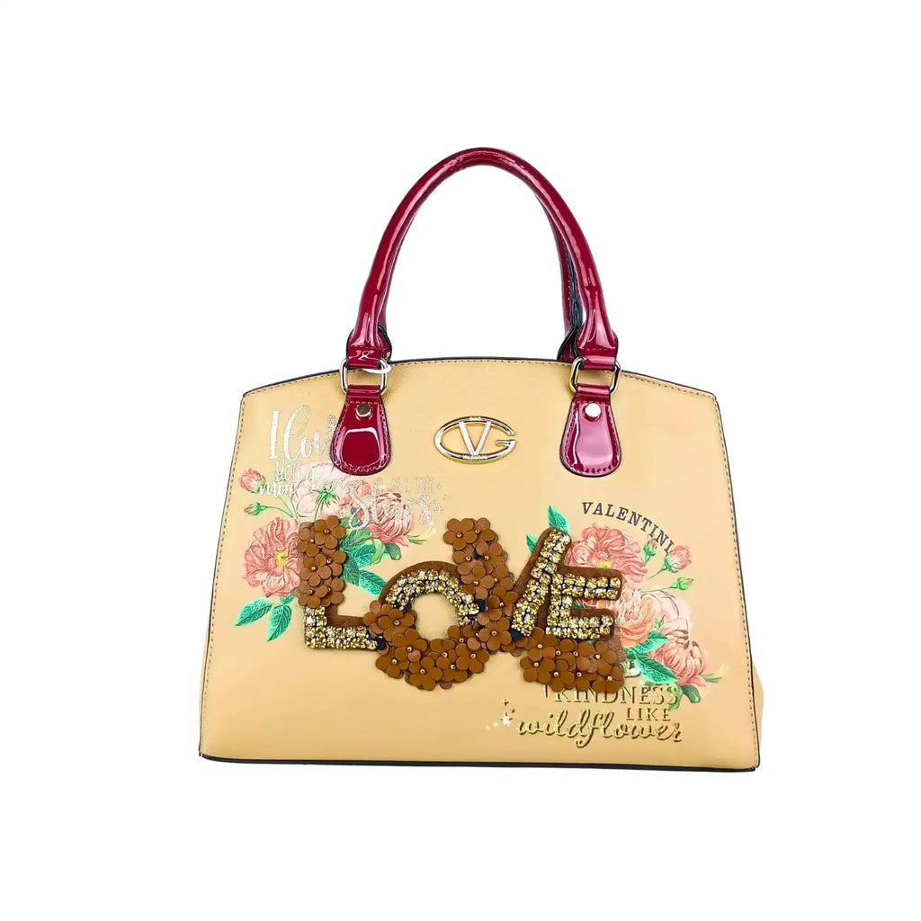 Borsa Tote Da Donna In EcoPelle Con Ricamo Floreale E Scritta Love In Paillettes